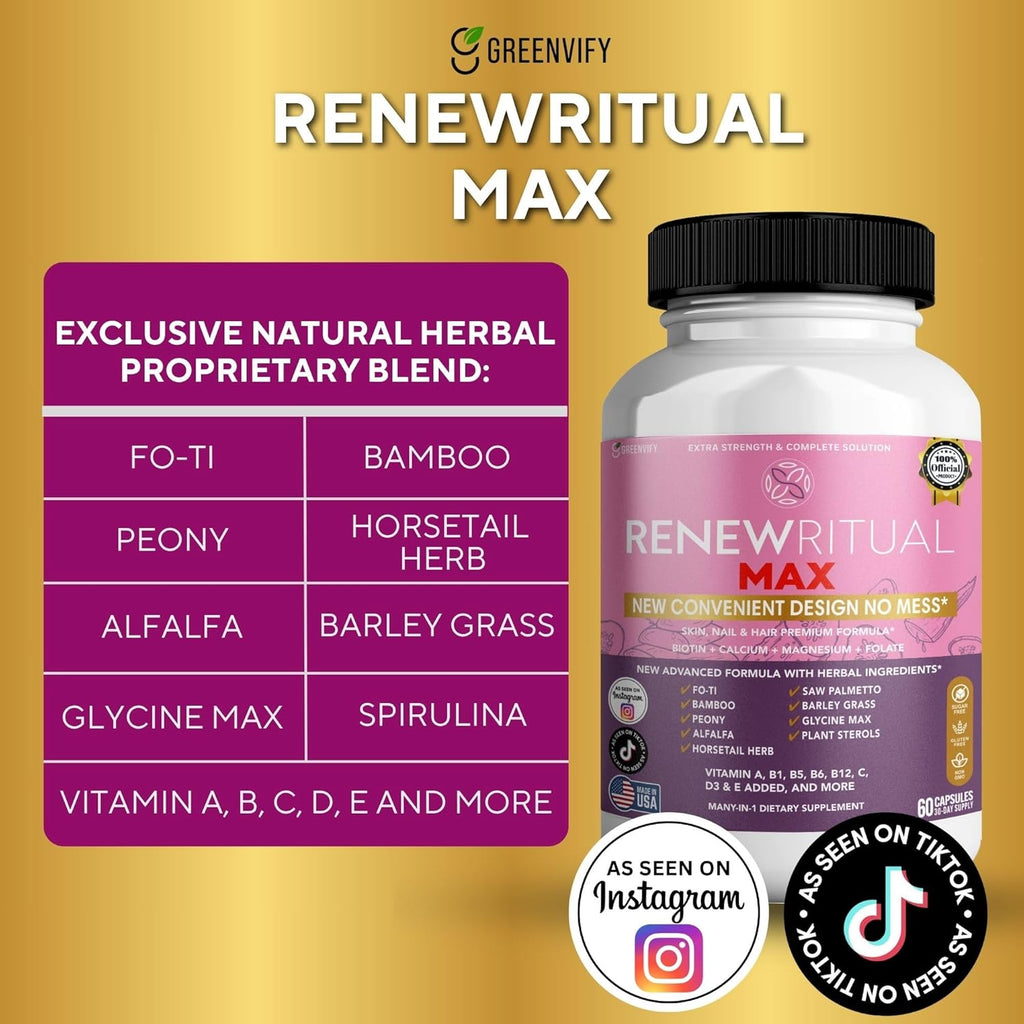 Renew Ritual Max, Hair Skin Nails Supplement, 60 Capsules, Vitamins A B C D E with Biotin (1)