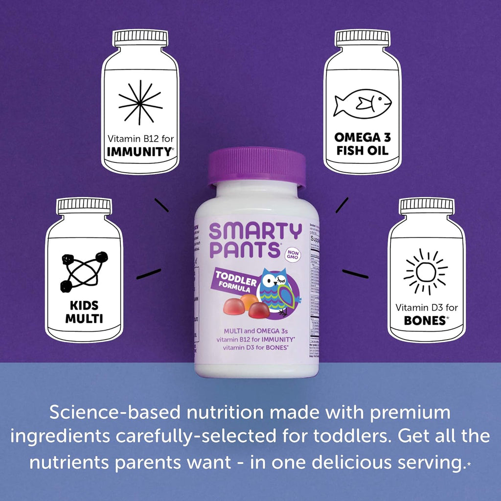 SmartyPants Toddler Multivitamin Gummies: Omega 3 Fish Oil (EPA/DHA), Vitamin D3, C, Vitamin B12, B6, A, K & Zinc, Biotin, Beta Carotene, Gluten Free, Three Fruit Flavors, 180 Count (60 Day Supply)