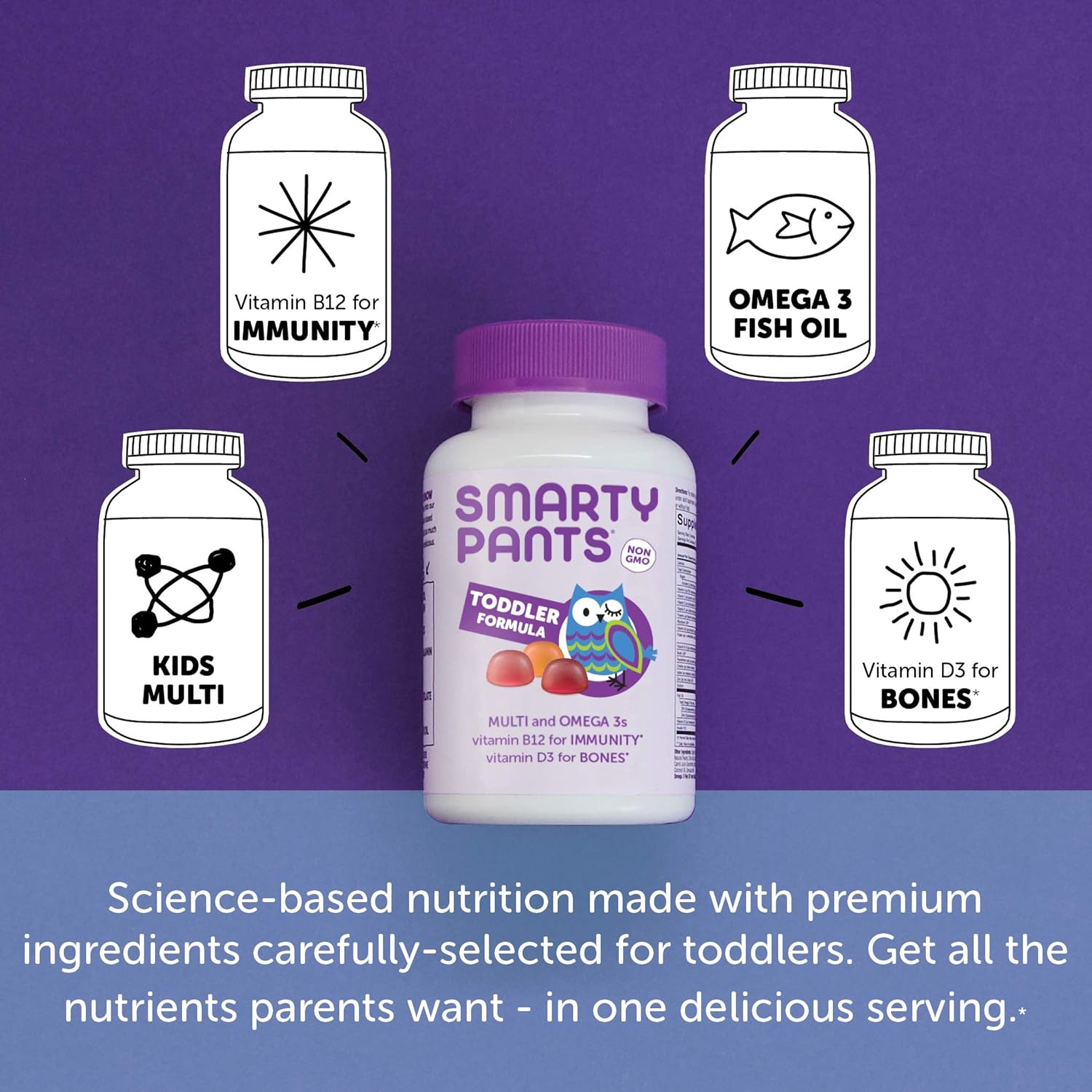SmartyPants Toddler Multivitamin Gummies: Omega 3 Fish Oil (EPA/DHA), Vitamin D3, C, Vitamin B12, B6, A, K & Zinc, Biotin, Beta Carotene, Gluten Free, Three Fruit Flavors, 180 Count (60 Day Supply)