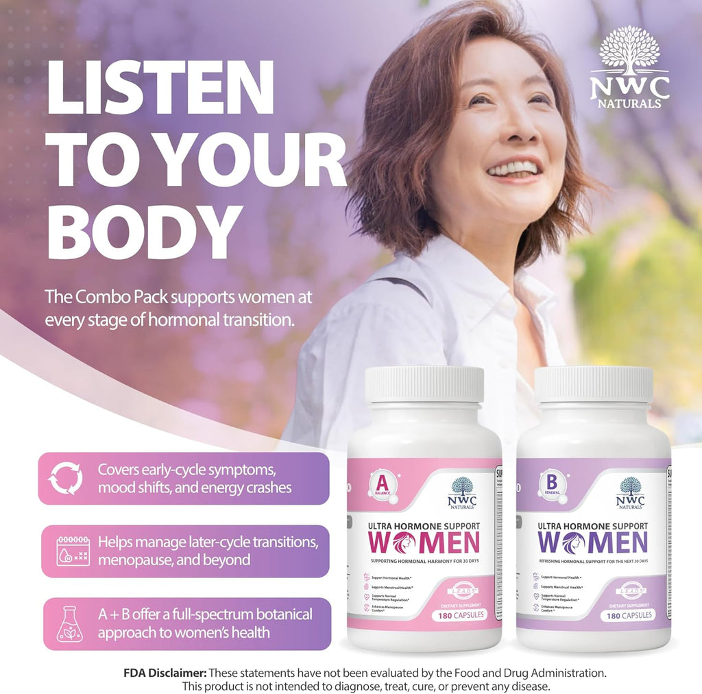 NWC Naturals Ultra-Hormone Support Combo, Hormone Harmony for Women & Rotating Hormone Balance for Women, 2-Pack (Formulas A + B, 360 Capsules) – Menopause & Cycle Support with B-Vitamins & Adaptogens