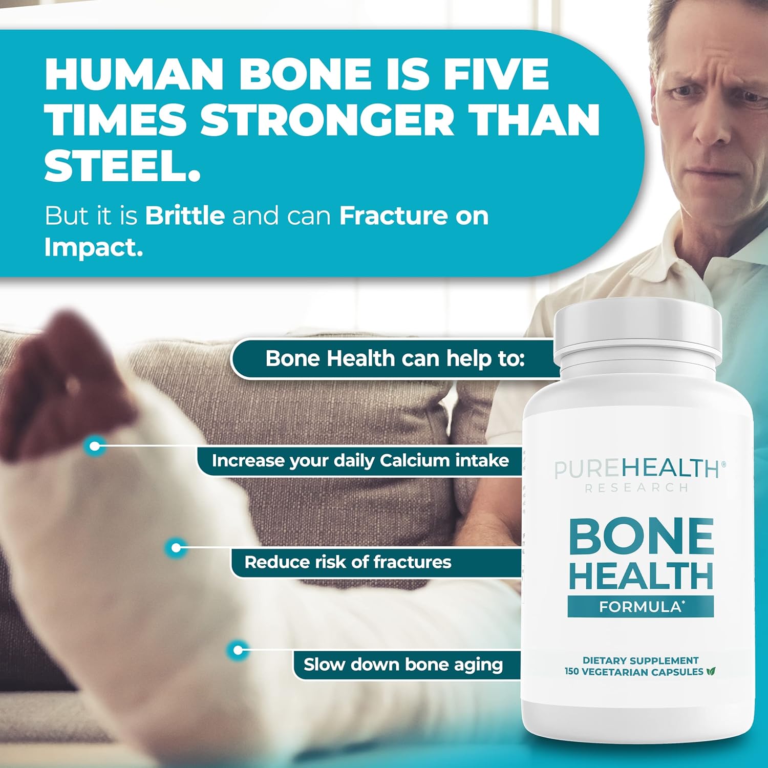 PUREHEALTH RESEARCH Bone Health Formula Calcium & Magnesium Supplement - with Iron, Zinc, Copper, Vitamin D, C, K2 & More - Bone & Joints Vitamins for Women & Men, 150 Capsules