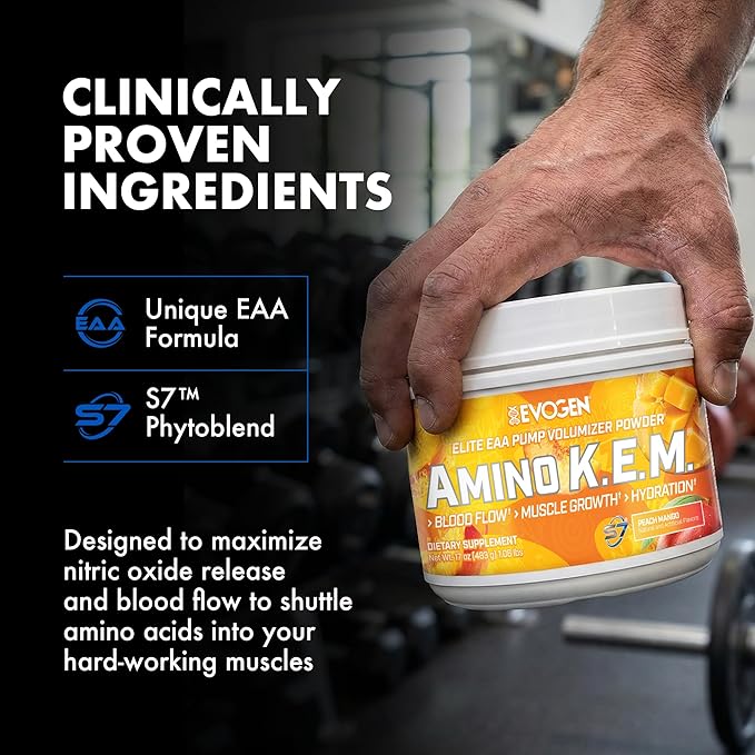 Evogen Amino K.E.M. - EAA & BCAA Powder Pump Volumizer | BCAAs Amino Acids Supplement for Blood Flow, Muscle Growth, & Hydration | Peach Mango | 30 Servings