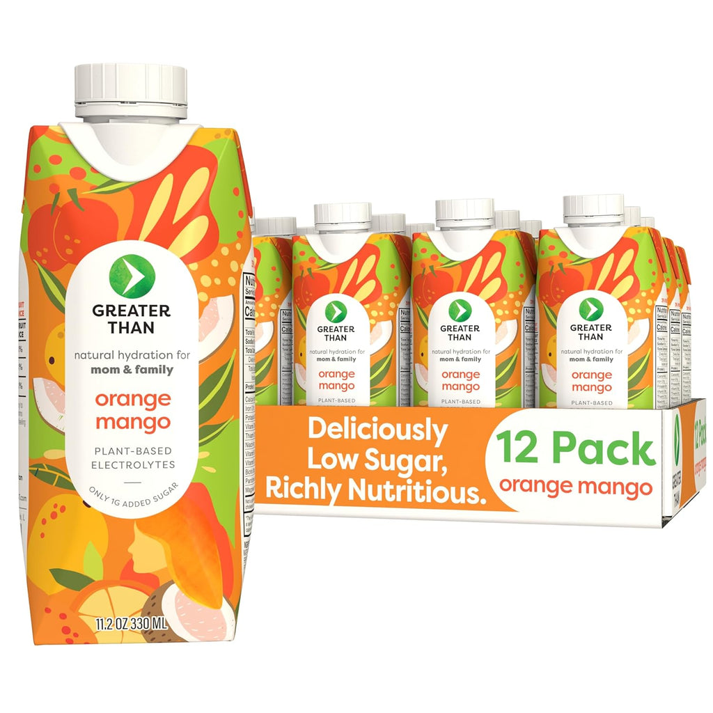 Greater Than Nutrient Hydration Beverage, Electrolyte Drink for Gut Health & Energy with Coconut Water, Vitamins, Gluten Free, Plant Based, Low Sugar, Orange Mango, 12 Pack