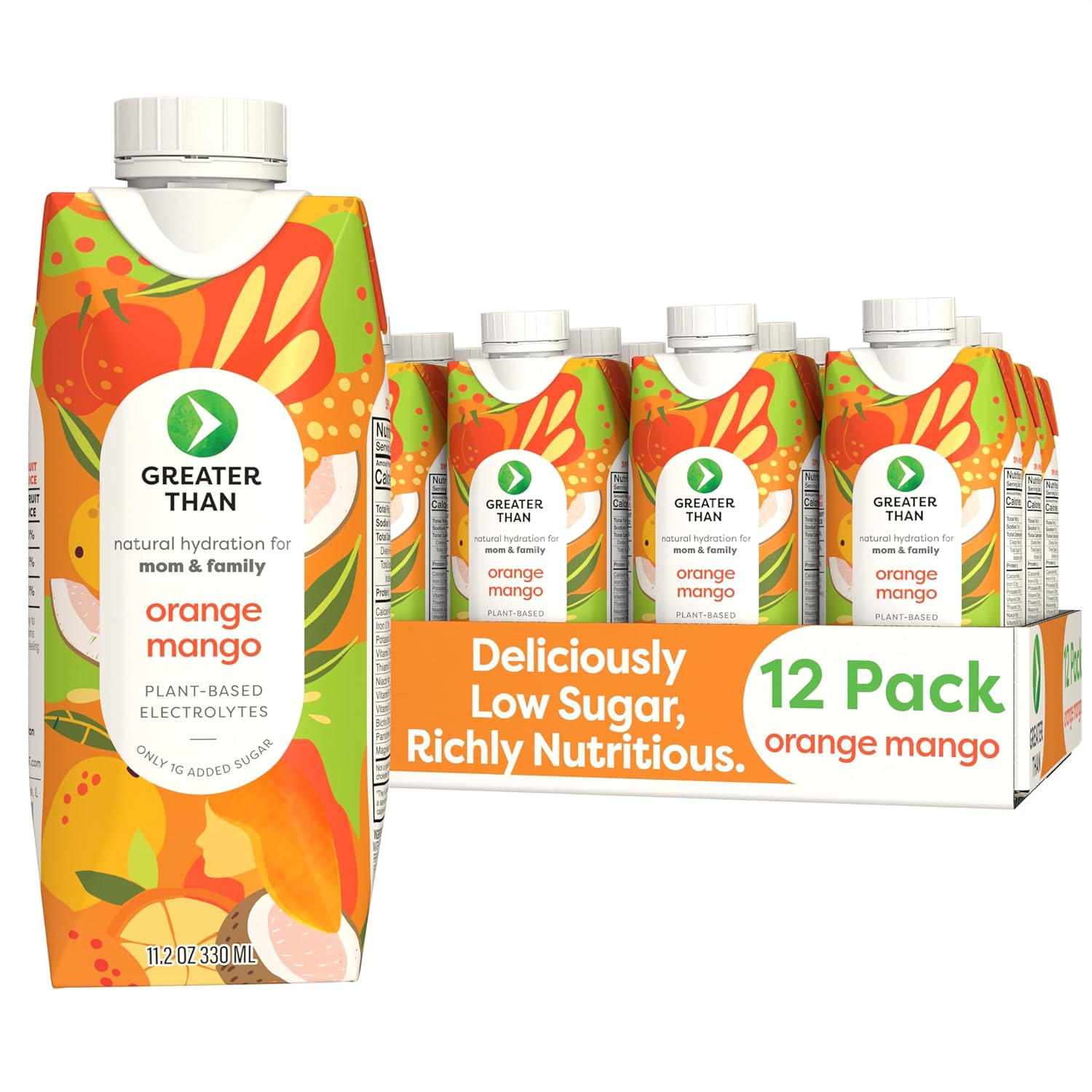 Greater Than Nutrient Hydration Beverage, Electrolyte Drink for Gut Health & Energy with Coconut Water, Vitamins, Gluten Free, Plant Based, Low Sugar, Orange Mango, 12 Pack