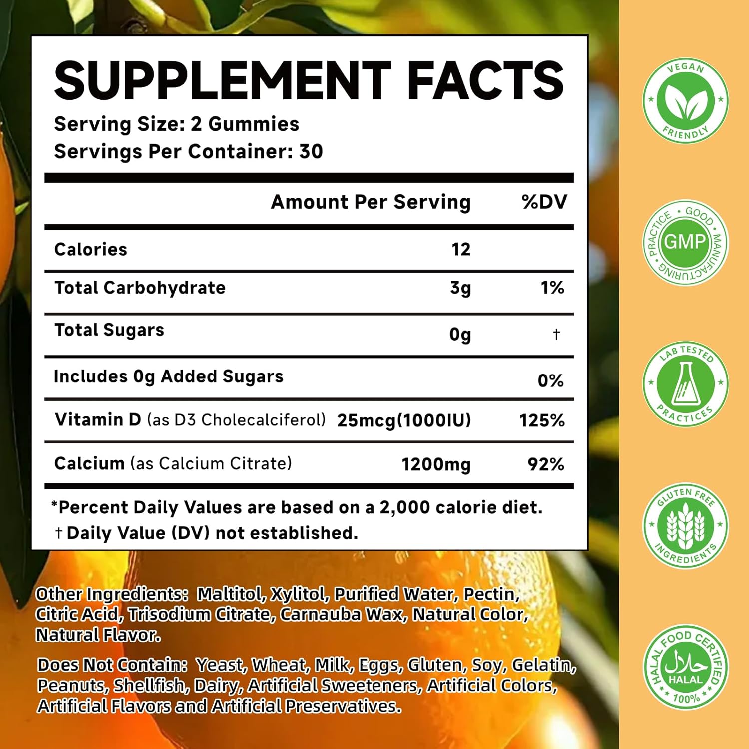 Calcium Citrate Gummies for Kids, Adult - 1200 mg with Vitamin D3 1000IU - Bone, Teeth, Immune System Health, High Absorption Calcium and Vitamin D Supplement, Orange, 60 Count