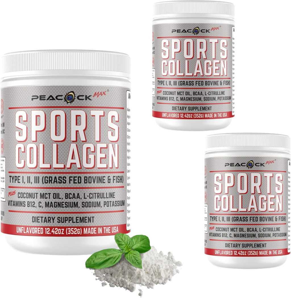 Sports Collagen Powder, 12.42 oz, Pack of 3 - Grass Fed Bovine & Wild Fish Hydrolyzed Type I, II, III Multi Collagen Peptides, Unflavored Protein Powder with BCAA, Magnesium & Electrolytes