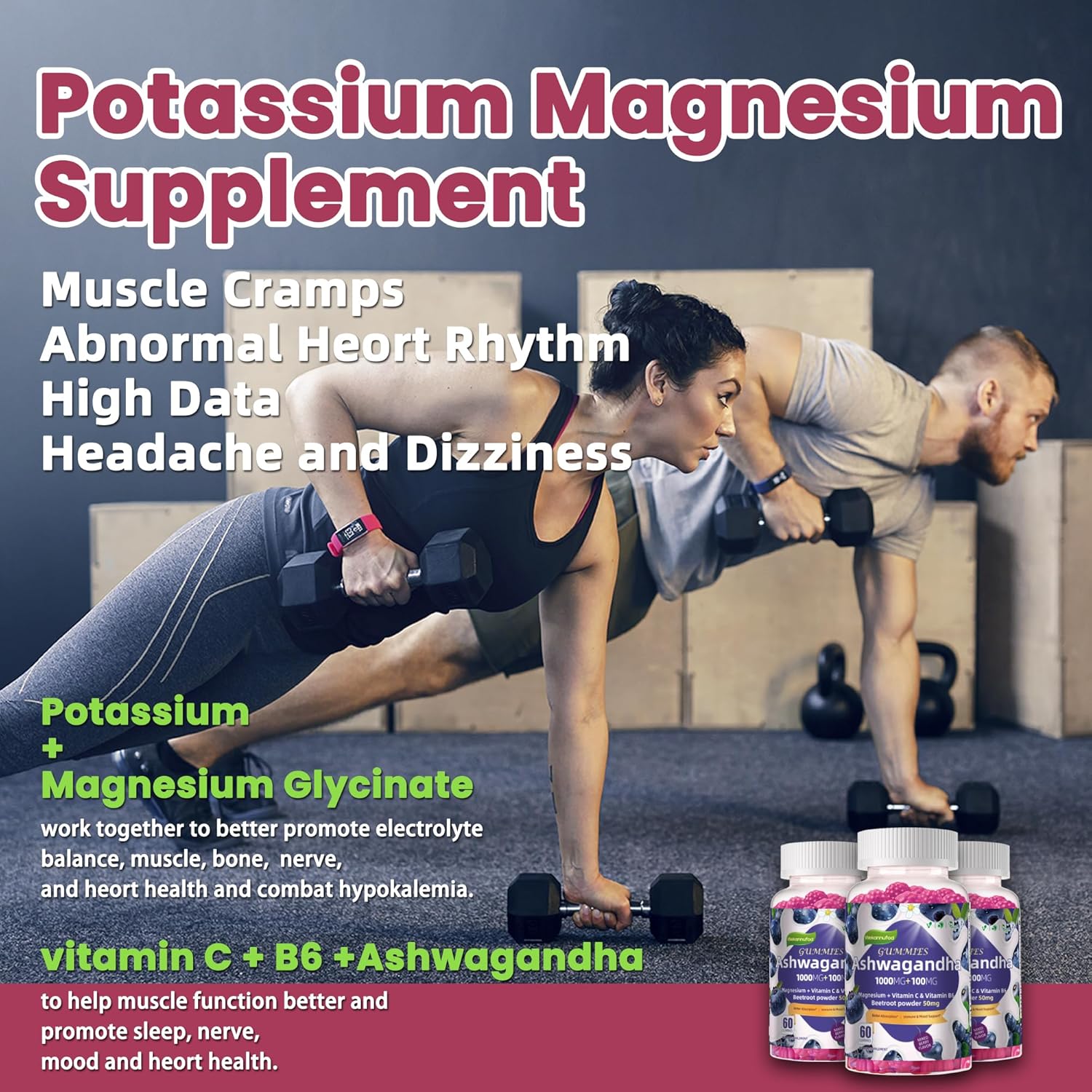 Ashwagandha Gummies 1000mg & Vitamin D3 Gummies 60 Count Organic Root Extract Stress Relief Sleep Support(Non-GMO, Sugar Free & Gluten Free)