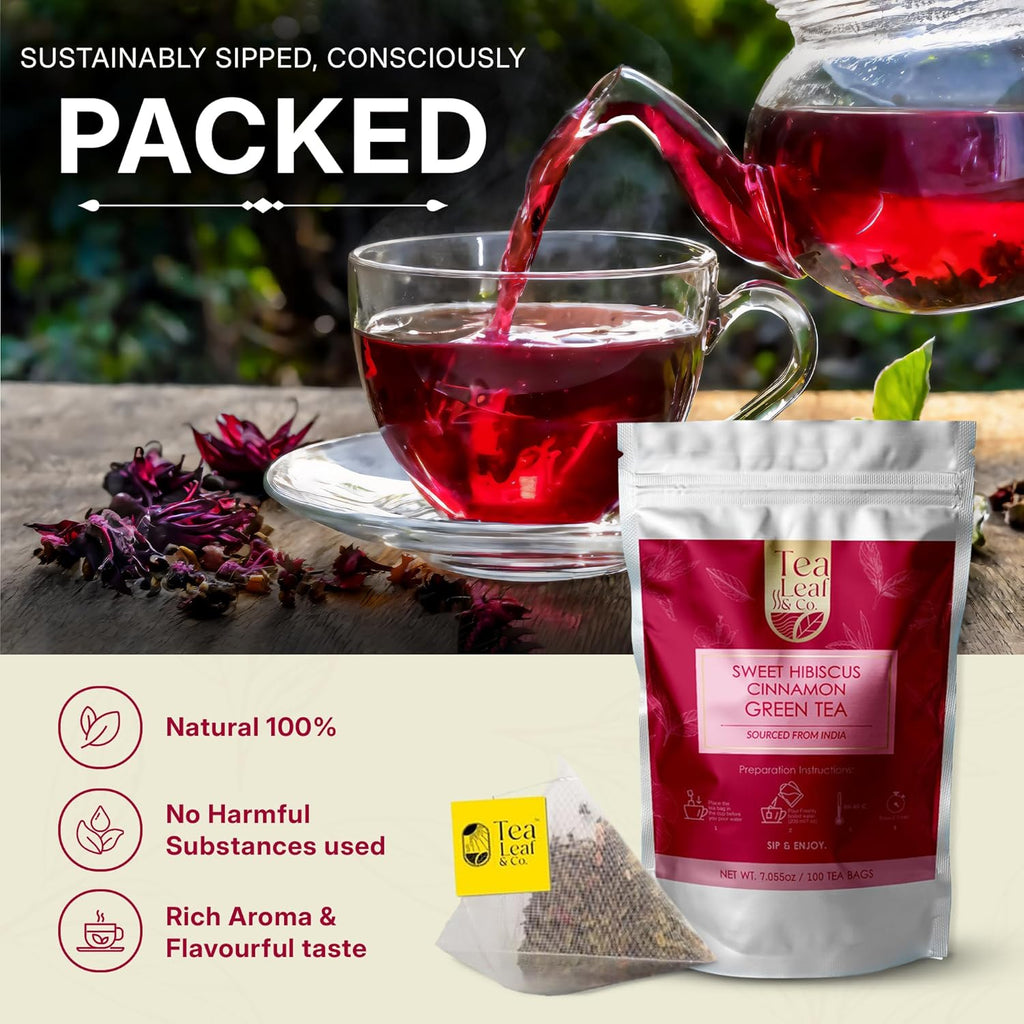 Tealeaf & Co. Sweet Hibiscus Cinnamon Green Tea with Hibiscus, Cinnamon, Stevia & Clove - Green Tea Bags with Fresh Herbs and Spices (Low Caffeine) - 100 Teabags