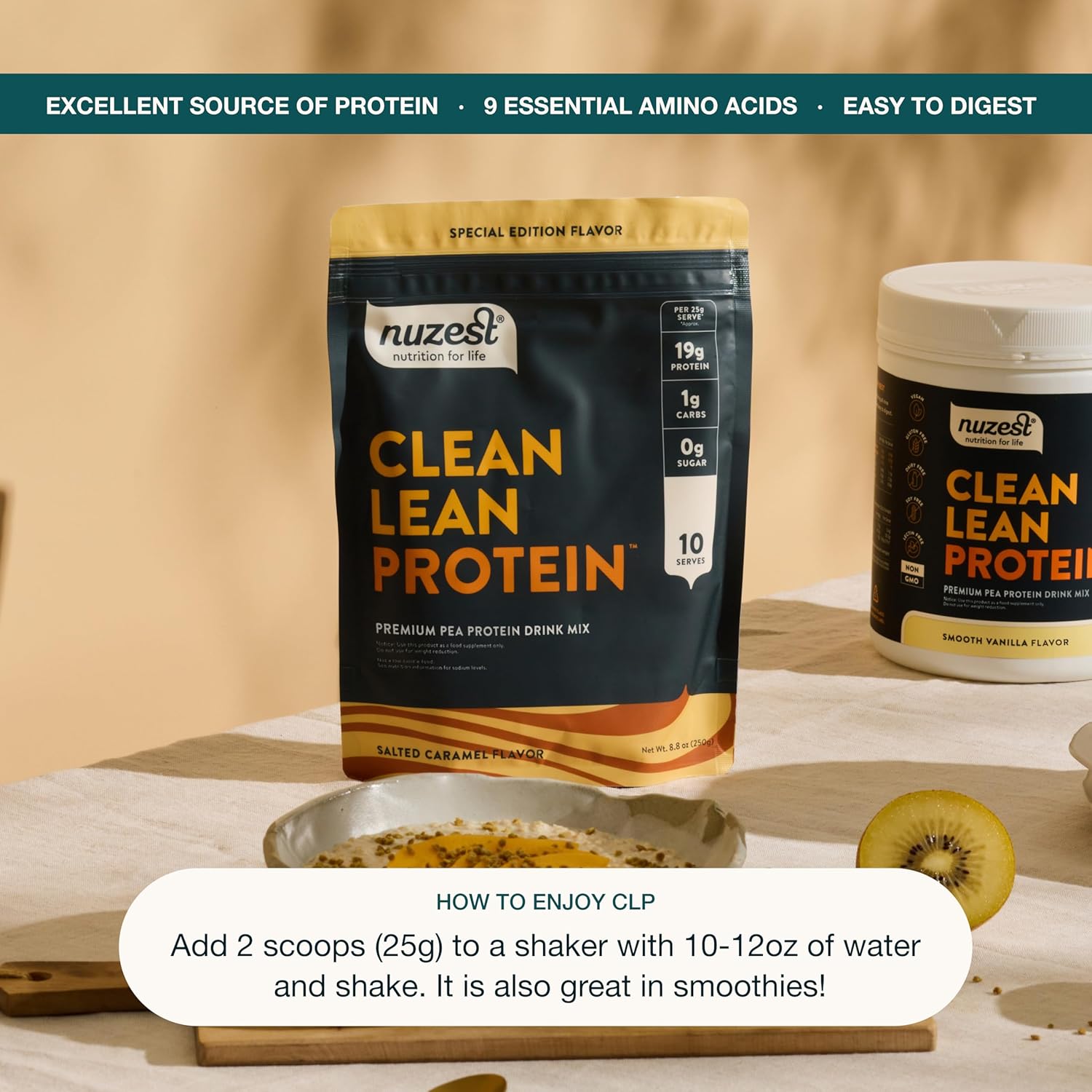Nuzest - Vegan Pea Protein Powder - Clean Lean Protein, Premium Plant Based Protein Powder, Dairy Free, Gluten Free, GMO Free Protein Shake, Salted Caramel, 8.8 oz