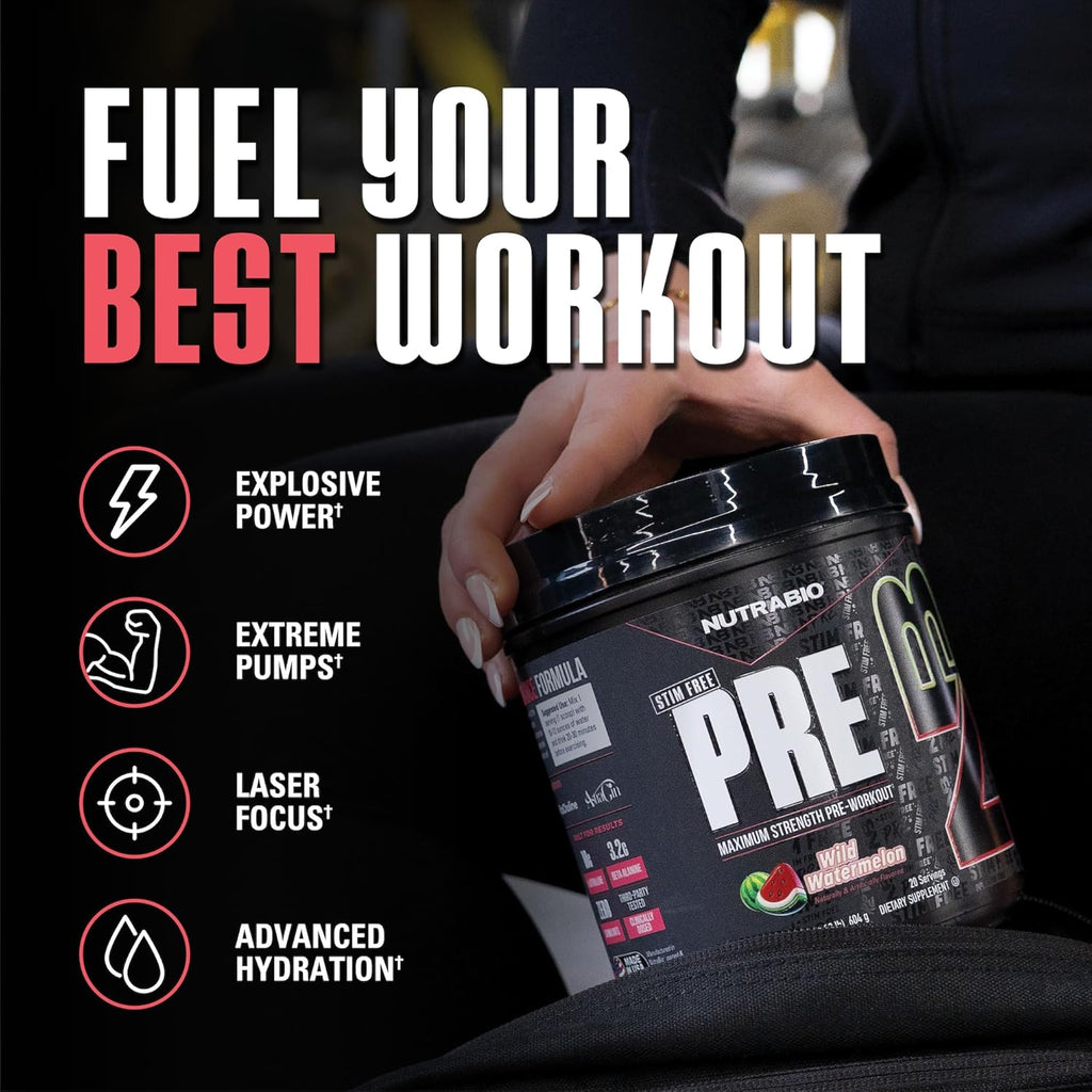 NutraBio STIM-Free PRE Workout for Men, New Formula | Laser Focus, Extreme Pumps | Performance, Endurance | 10g Citrulline, Beta Alanine, Nitrates, Nootropics, Electrolytes - 20 Servings Watermelon