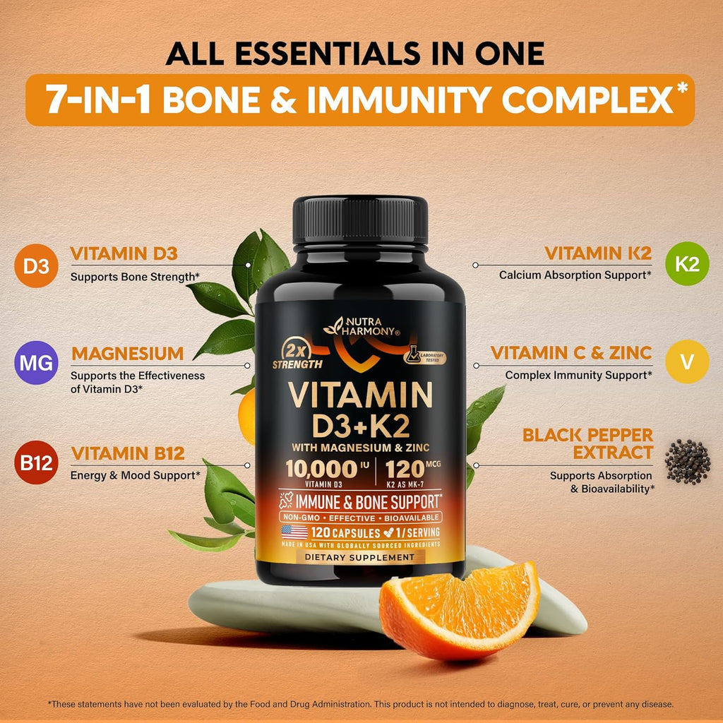 Vitamin D3 K2 - Vitamin D3 10000 iu & K2 as MK-7 120 mcg - Immune & Mood Support, for Bone & Teeth Health - with Magnesium, Zinc & Vitamin C & B12 - Highly Bioavailable - Made in USA, 120 Capsules