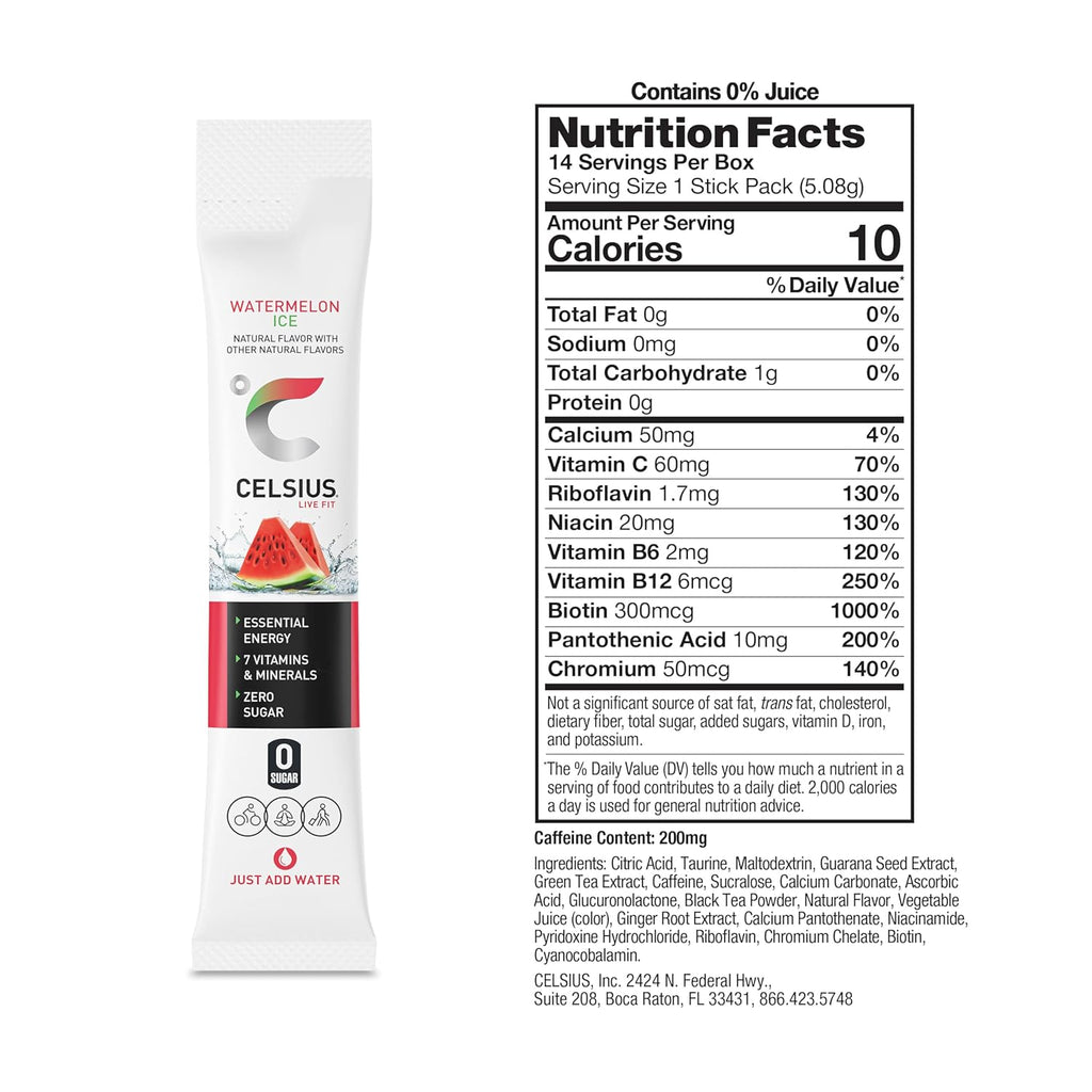 CELSIUS® On-the-Go Powder Sticks Watermelon Ice, Essential Energy 2.5 Oz (14 Sticks per Pack)