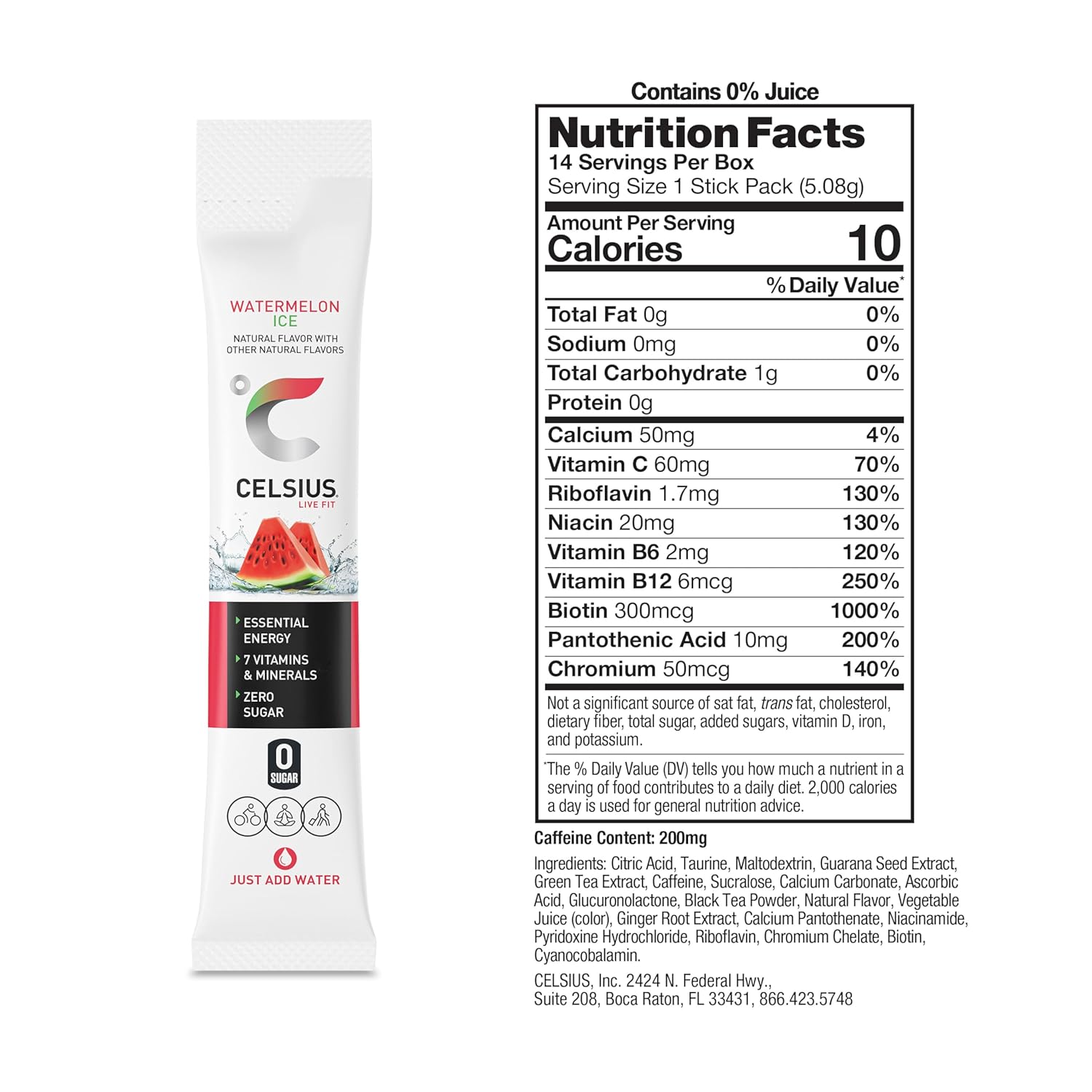 CELSIUS® On-the-Go Powder Sticks Watermelon Ice, Essential Energy 2.5 Oz (14 Sticks per Pack)
