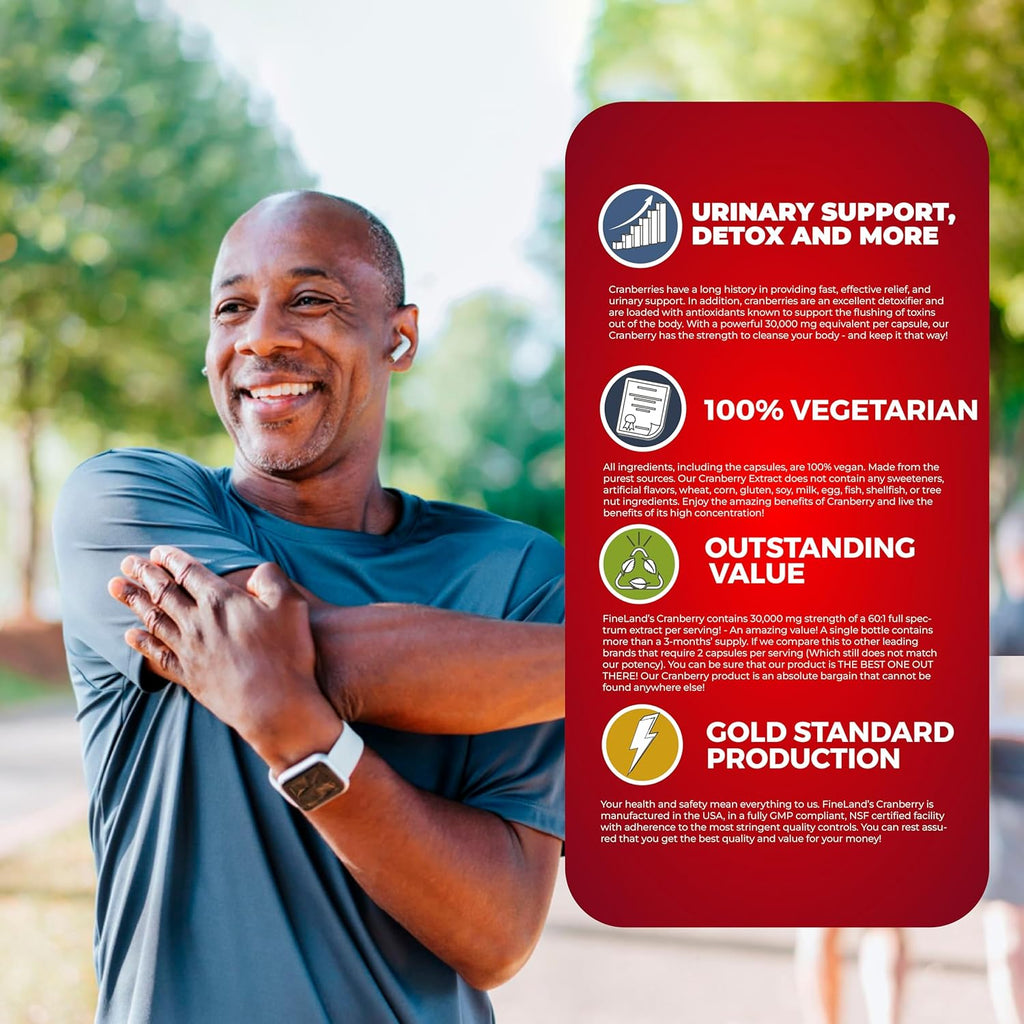 FineLand Cranberry Extract 30,000mg Strength per Capsule — High Potency Cranberry Pills for UTI Support — 100 Vegan Capsules, 100-Day Supply, Non-GMO, Made in USA