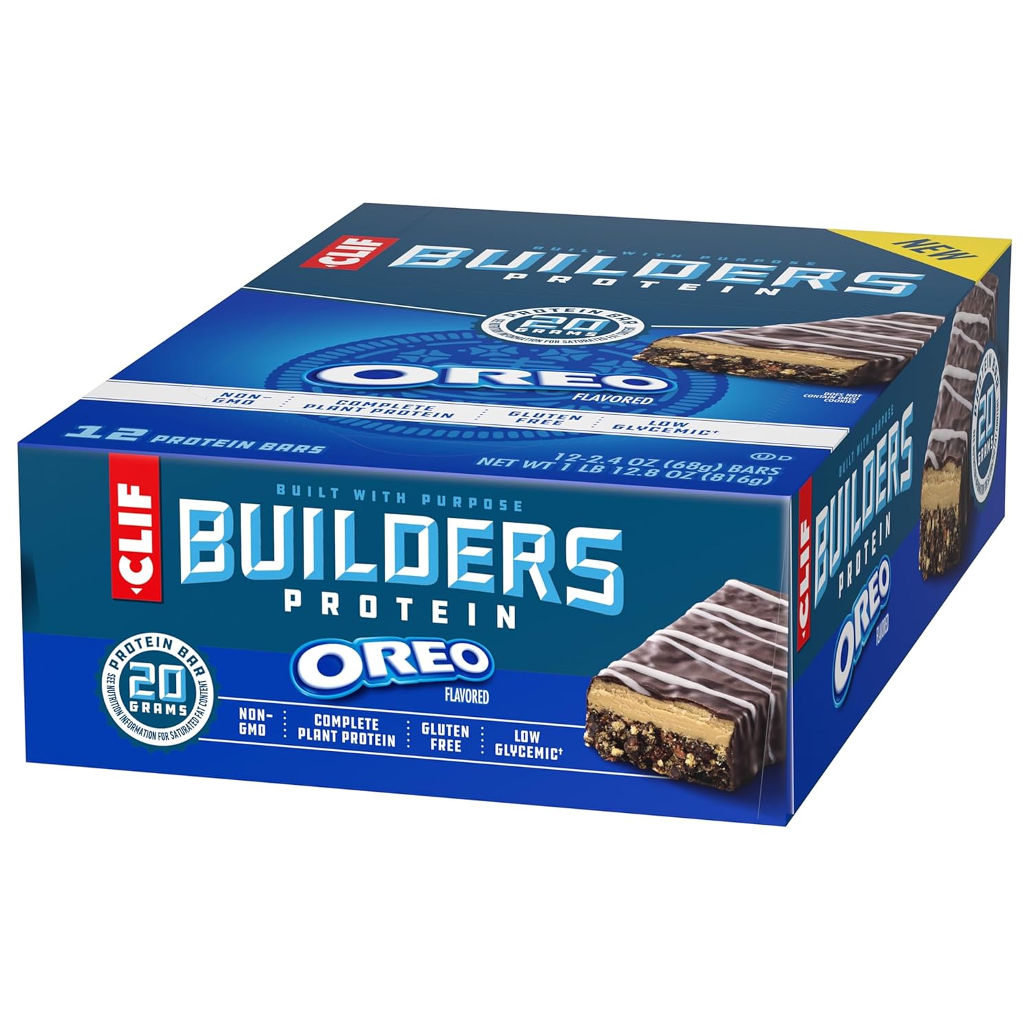 CLIF BUILDERS Protein Bars - OREO-Flavored - 20g Plant Based Protein - Gluten Free - Non-GMO - Low Glycemic - No Artificial Sweeteners - 2.4 oz. (12 Pack)