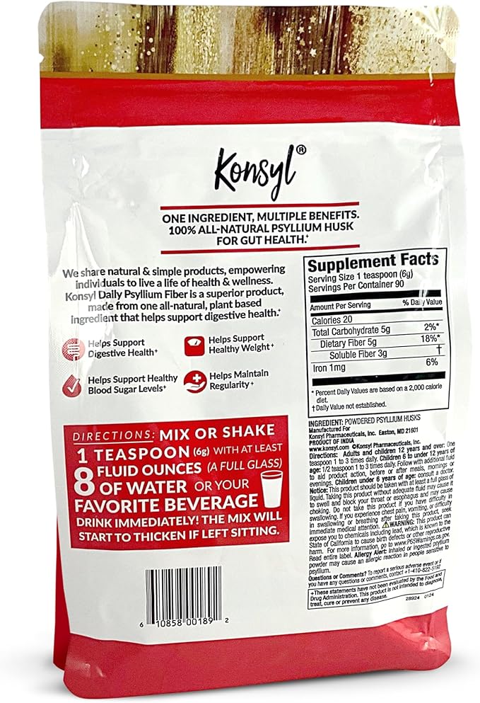Konsyl Daily Psyllium Fiber Powder | 100% All-Natural Psyllium Husk for Gut & Digestive Health | No Sugar, No Fillers 90 Servings (540g)