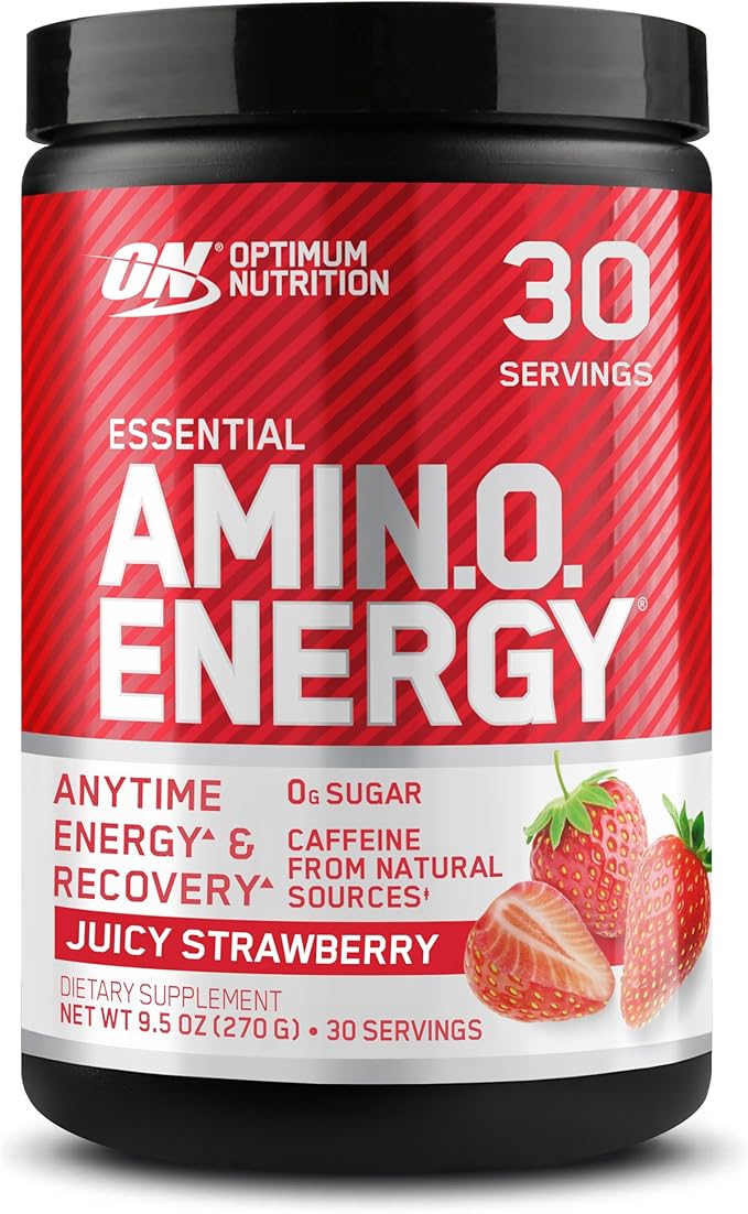 Optimum Nutrition Amino Energy Powder – Energy & Focus Pre Workout with Amino Acids, BCAA, Green Tea Caffeine & Coffee, Muscle Recovery Support – Juicy Strawberry, 30 Servings (Packaging May Vary)
