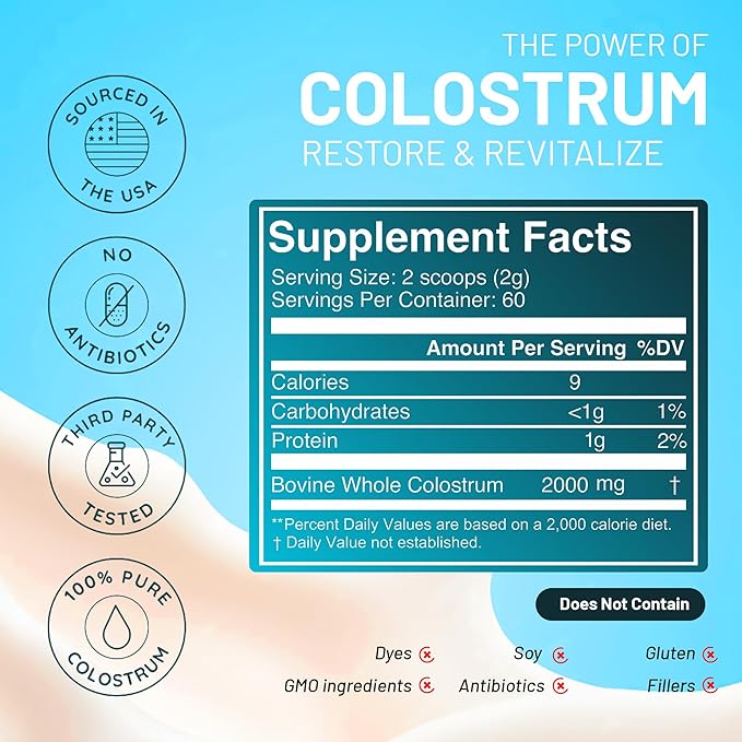 Colostrum Supplement Powder for Gut Health, Immune Support, Muscle Recovery & Wellness - Natural IgG Whole Bovine Colostrum Superfood - Hair Growth & Beauty Supplement - Unflavored - 60 Servings