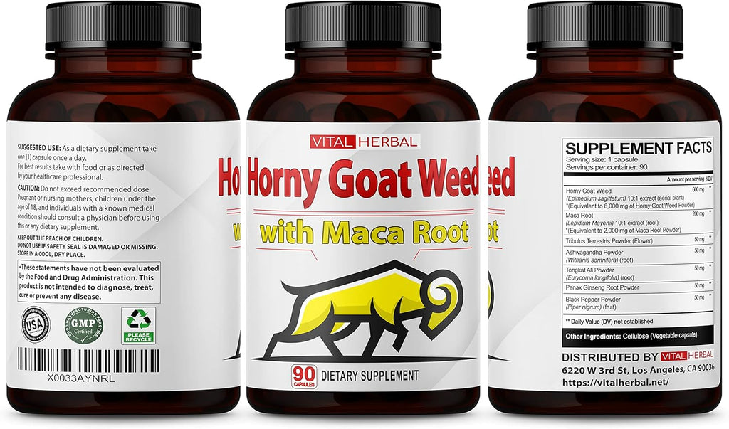 Vital Herbal Horny Goat Weed Capsules for Maximum Strength with Maca Root Tribulus Ashwagandha Tongkat Ali Panax Ginseng for Men Women, Boost Energy (90 Count (Pack of 1))