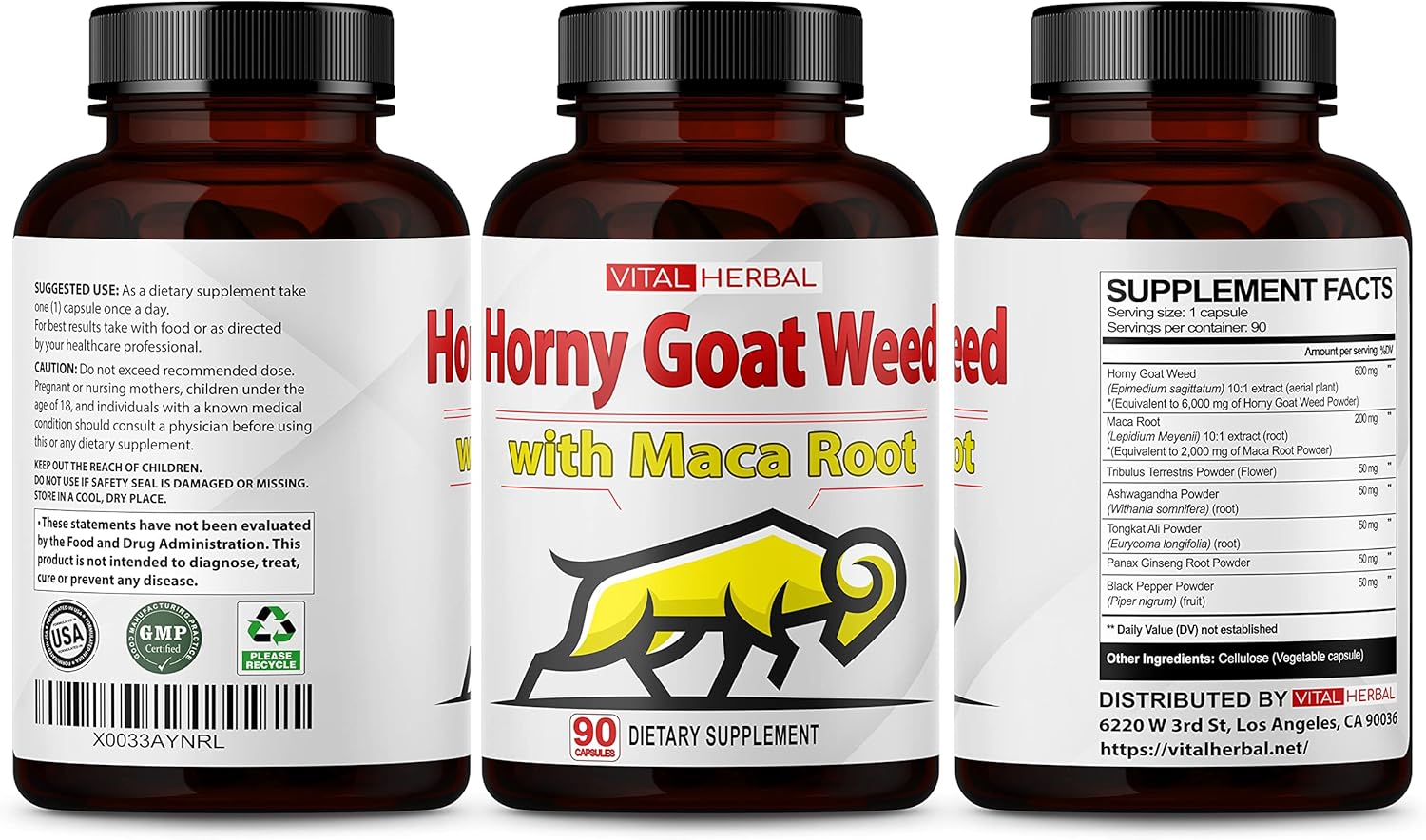 Vital Herbal Horny Goat Weed Capsules for Maximum Strength with Maca Root Tribulus Ashwagandha Tongkat Ali Panax Ginseng for Men Women, Boost Energy (90 Count (Pack of 1))