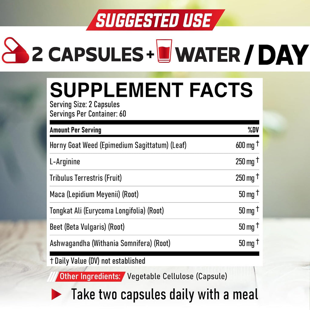7 in-1 Ultra Test Support with Tribulus Terrestris Horny Goat Weed L-Arginine Maca Root Tongkat Ali Beet Root - Energy Workout Muscle Strength Support 120 Capsules