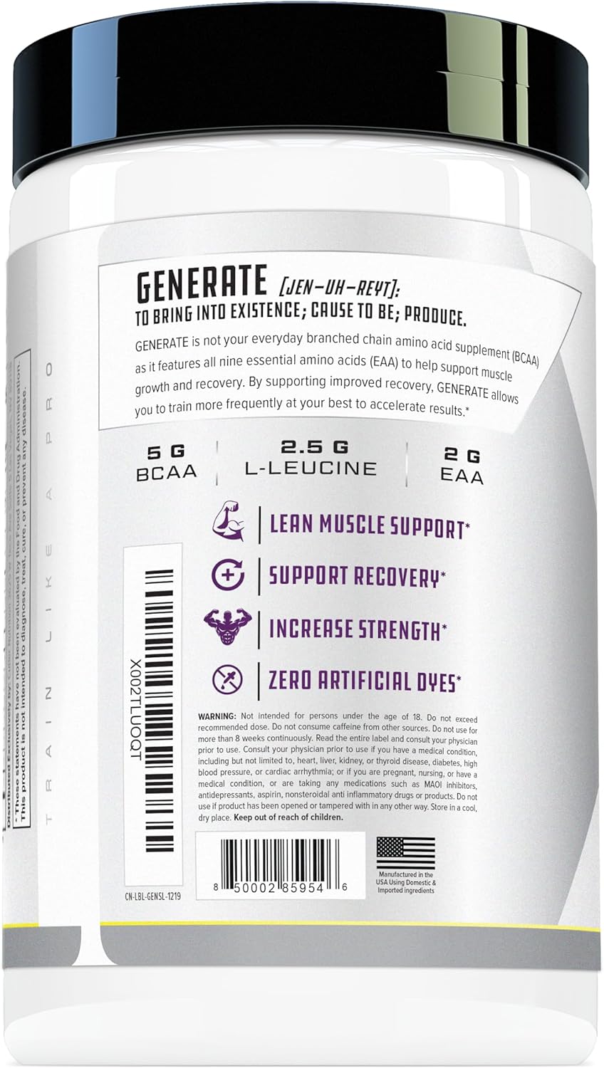 Cutler Nutrition Generate EAA and BCAA Powder: Best Branched Chain Amino Acids Supplement with Essential Amino Acids, 5g BCAAs, 2g EAAs for Lean Muscle Mass | Sour Lemonade, 30 Servings