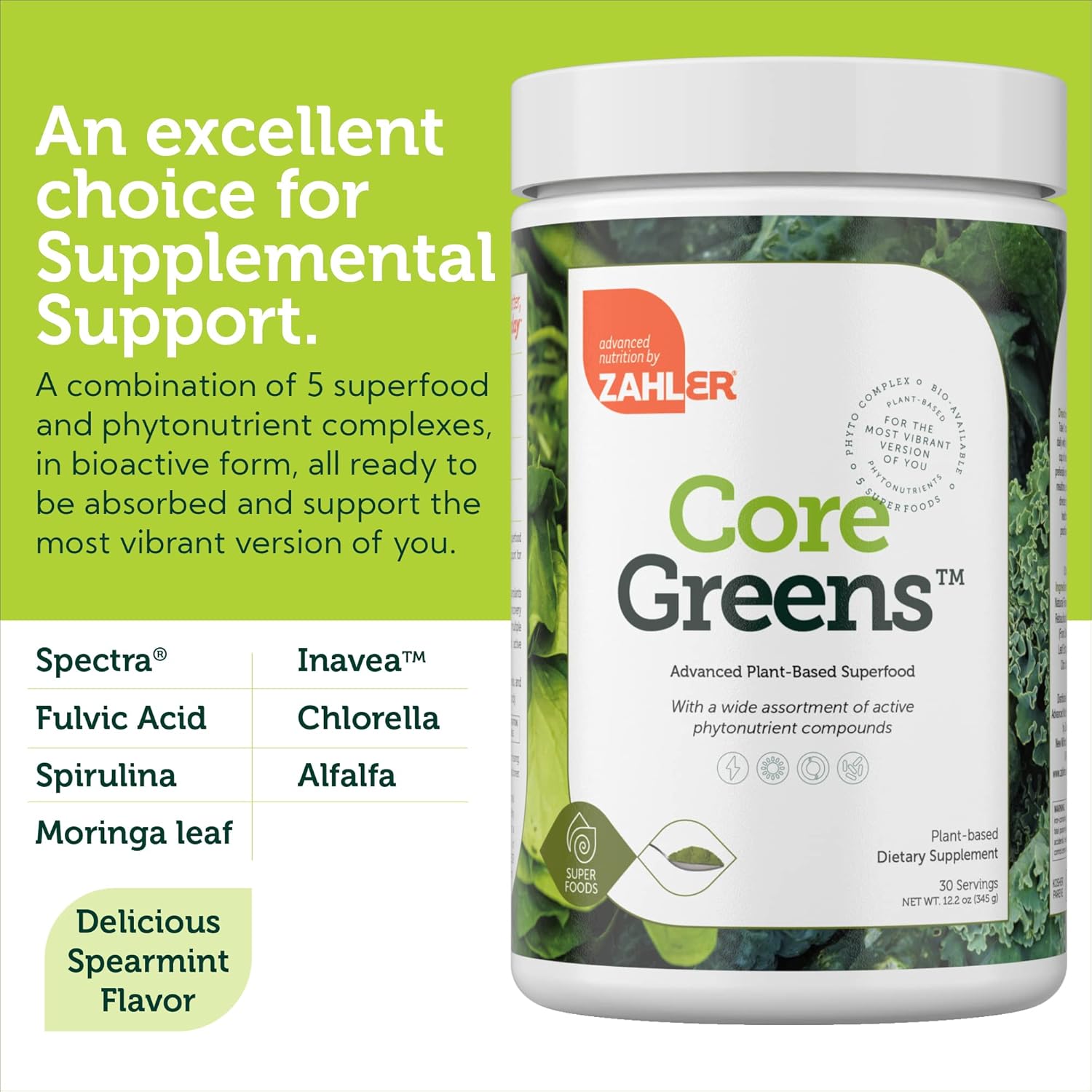 Zahler Core Greens Powder Nutrition Supplements - Superfood Powder - Super Green Juice & Smoothie Mix - Phytonutrient Rich with Spirulina, Chlorophyll & More - Kosher Superfood