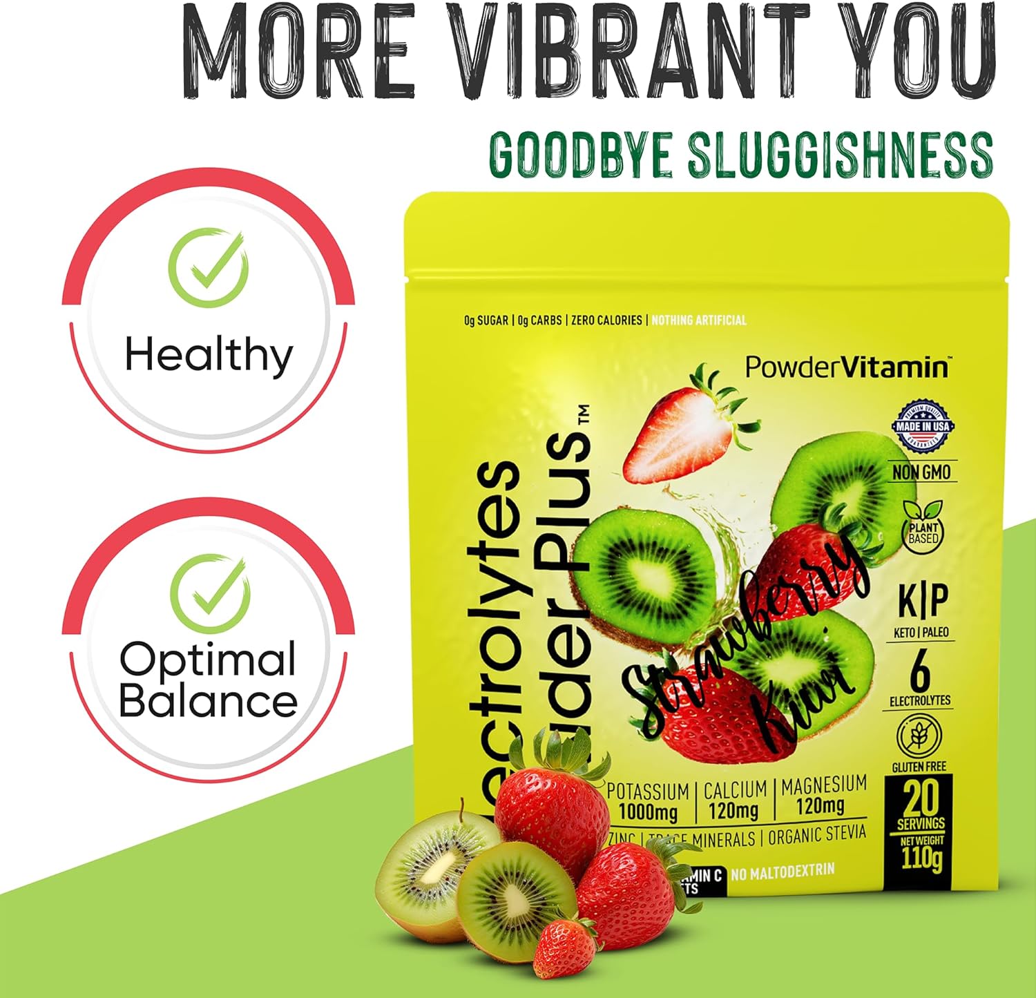 PowderVitamin Electrolytes Powder Plus (20 Servings) Strawberry Kiwi Electrolyte Powder Zero Calorie Keto,0 Sugar,No Maltodextrin,1000mg Potassium,120mg Calcium,120mg Magnesium, Pink Himalayan Salt