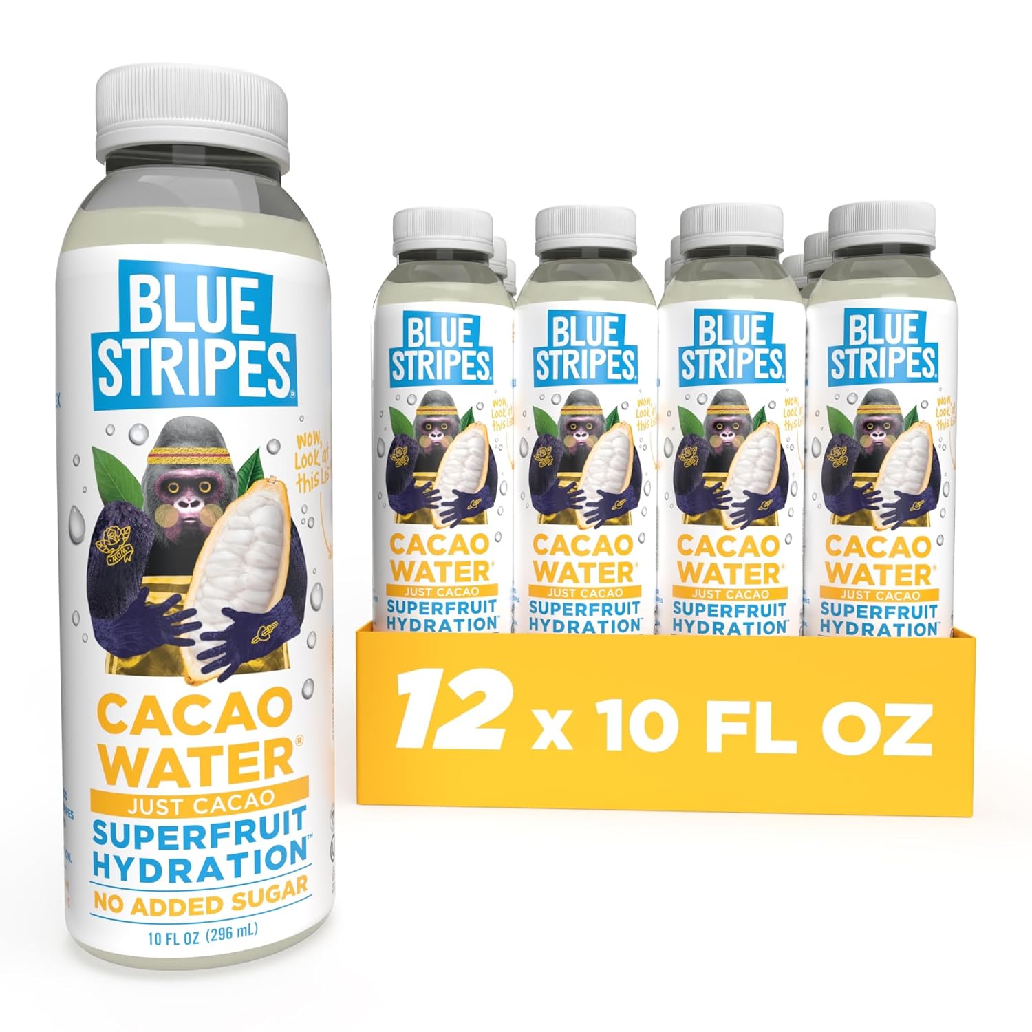Blue Stripes Cacao Water - Cold Pressed Superfruit Hydration with Electrolytes & Antioxidants, No Sugar Added, All Natural, Great for Protein Shakes & Smoothies - Just Cacao, 12 Pack