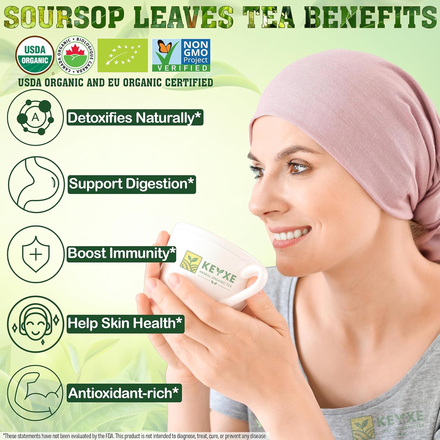 KEYXE - USDA Organic Soursop Graviola Leaves Tea 75 Bags. Non-GMO Verified , 100% Organic Soursop Leaves for Digestion, Boosting Immune, Improving Sleep & Skin Health, Gluten Free, Caffein Free , Hojas De Guanabana Tea Organica, Eco-Conscious Tea Bags