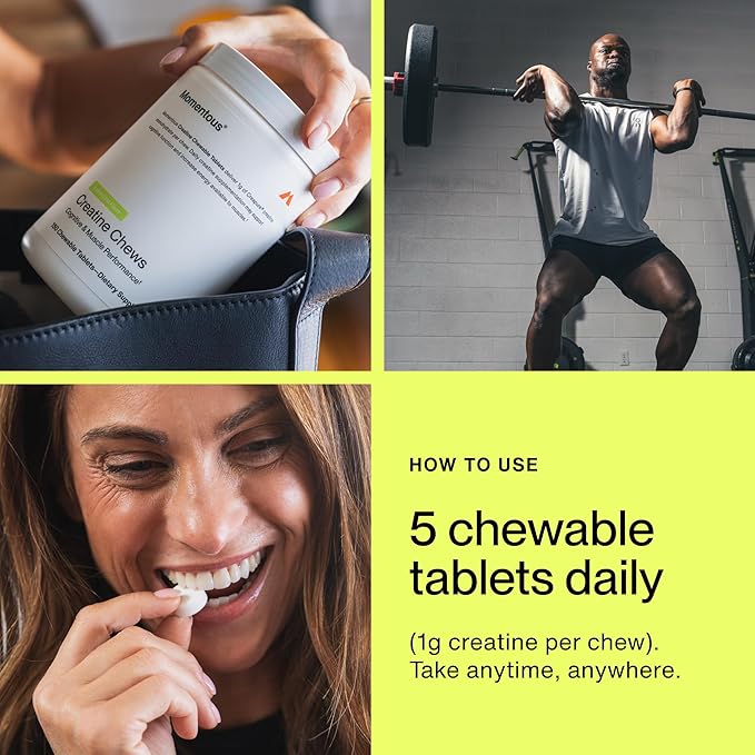 Momentous Creatine Chews - Creapure Creatine Monohydrate - Supports Strength, Lean Muscle, & Recovery for Men & Women - NSF Certified for Sport - 150 Chewable Tablets - Lemon Lime