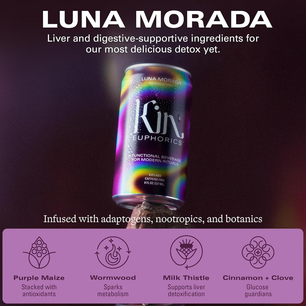 Kin Euphorics Luna Morada Non-Alcoholic Functional Beverage | Metabolic Tonic for Digestive & Liver Support | Caffeine-Free & Functional Beverage | 8 Fl Oz (24pk)