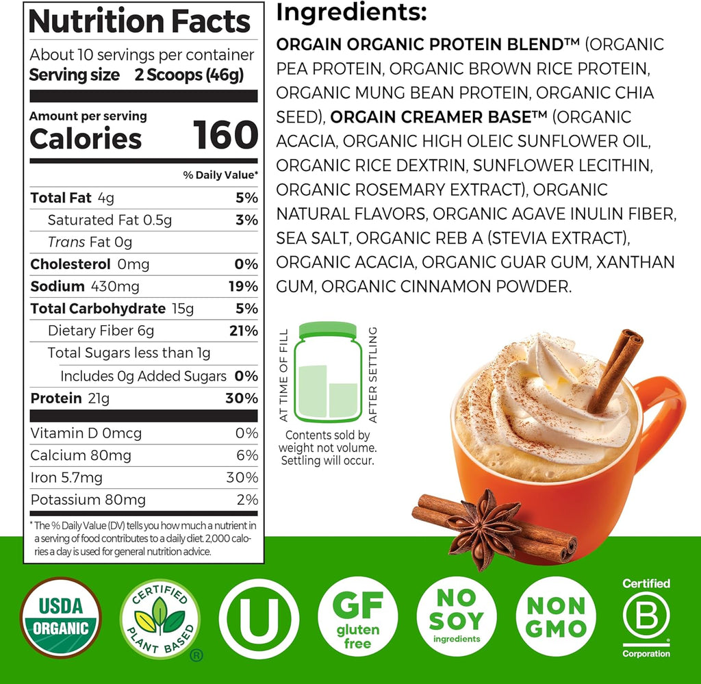 Orgain Organic Vegan Protein Powder, Pumpkin Spice Seasonal Flavor - 21g of Plant Protein, 5g Prebiotic Fiber, No Lactose Ingredients, No Added Sugar, Non-GMO, For Shakes & Smoothies, 1.02 lb