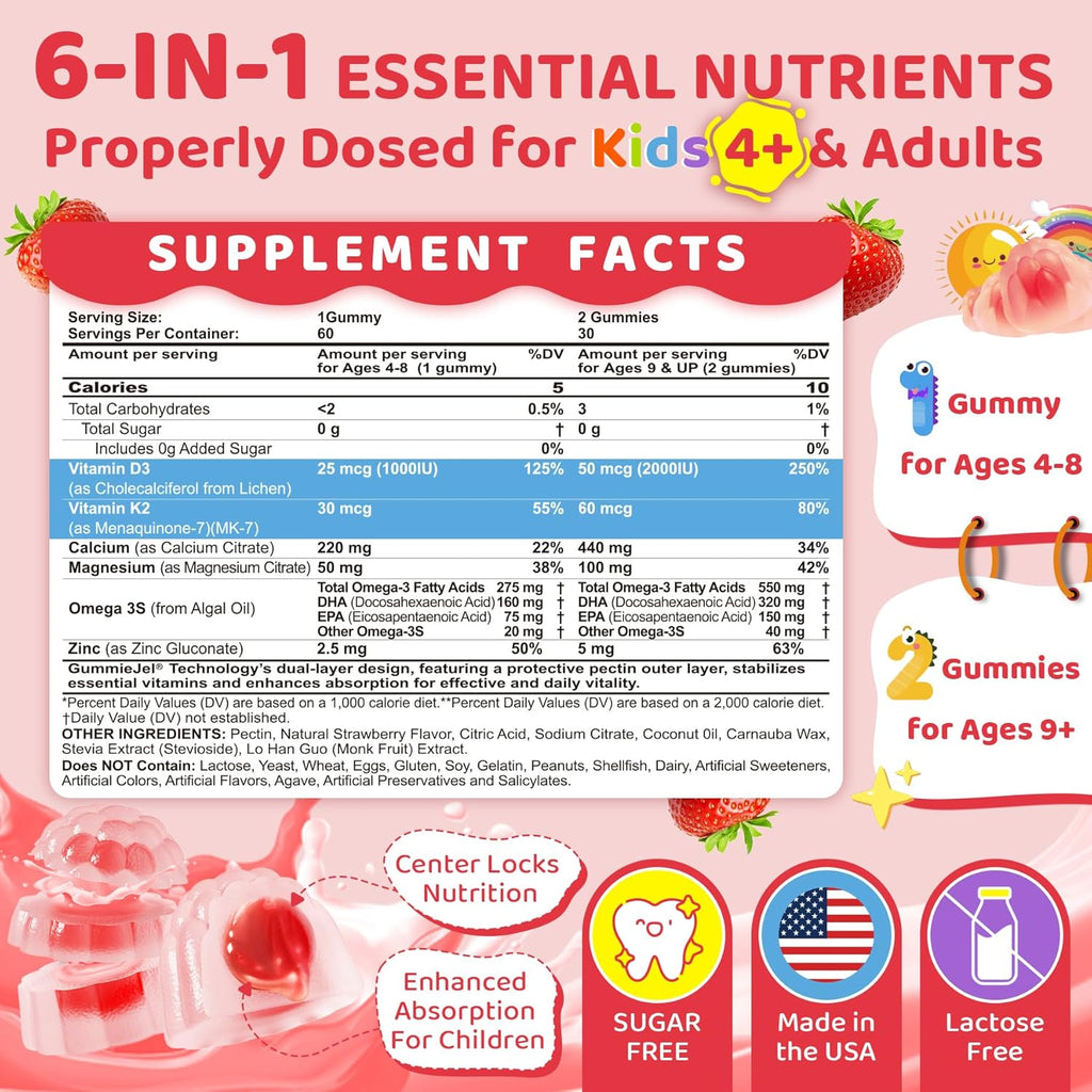 Vitamin D3 K2 + Calcium Liquid-filled Gummies for Kids & Teens, 1000IU/2000IU D3 with Magnesium, Algal Omega 3, Vitamin for Kids for Bones & Teeth, Calcium Absorption, Brain, Immunity,Sugar-Free,60Cts