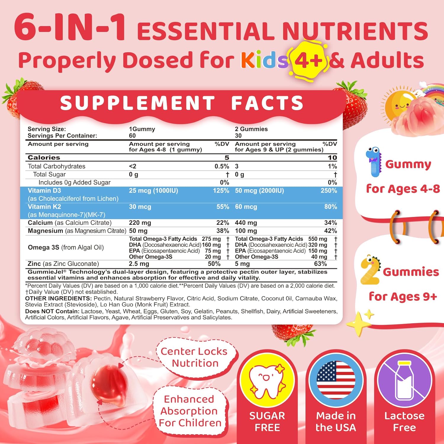 Vitamin D3 K2 + Calcium Liquid-filled Gummies for Kids & Teens, 1000IU/2000IU D3 with Magnesium, Algal Omega 3, Vitamin for Kids for Bones & Teeth, Calcium Absorption, Brain, Immunity,Sugar-Free,60Cts