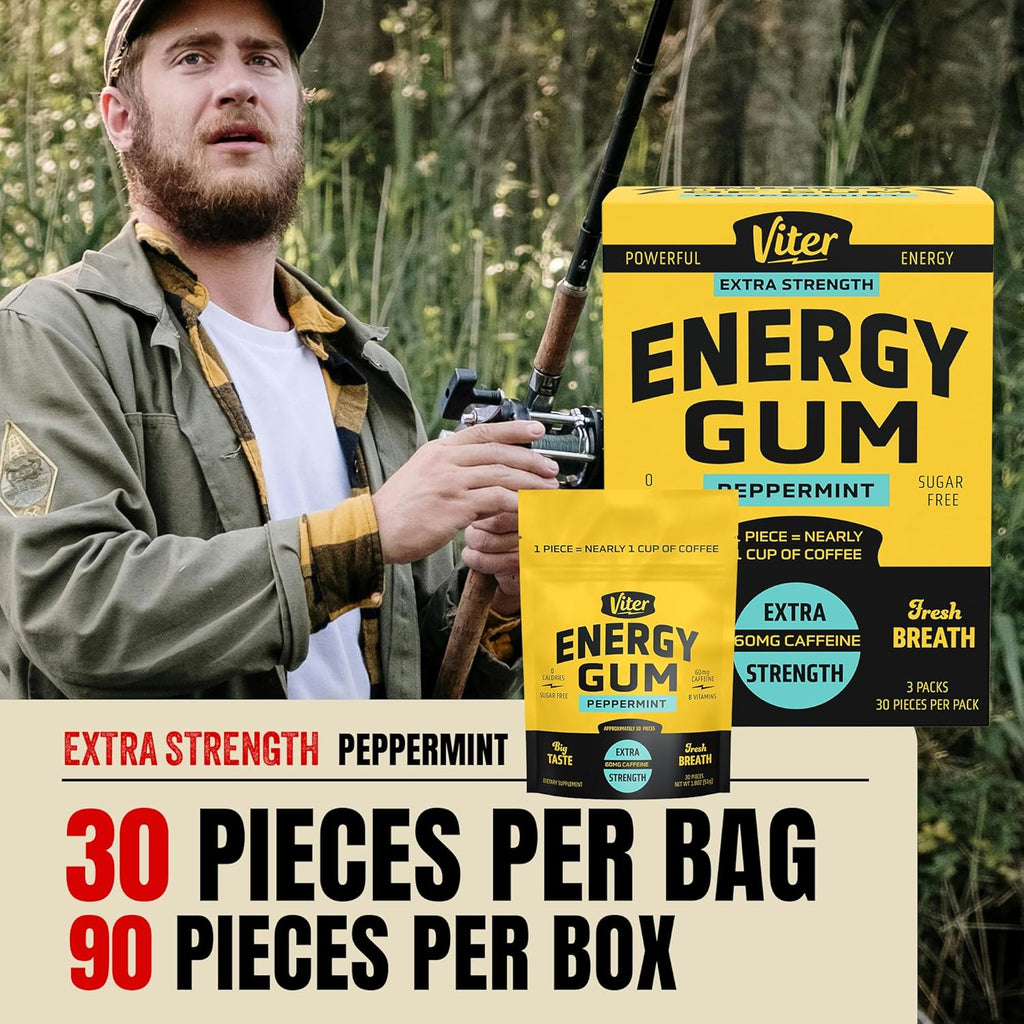 Viter Energy 60mg Caffeine Gum (Peppermint Flavor, 30 Pieces, 3 Pack) - Sugar Free, Vitamin B3, B6, B9, B12, Zero Calories, Caffeinated Energy Chews, Nootropic Focus Supplement for Men & Women