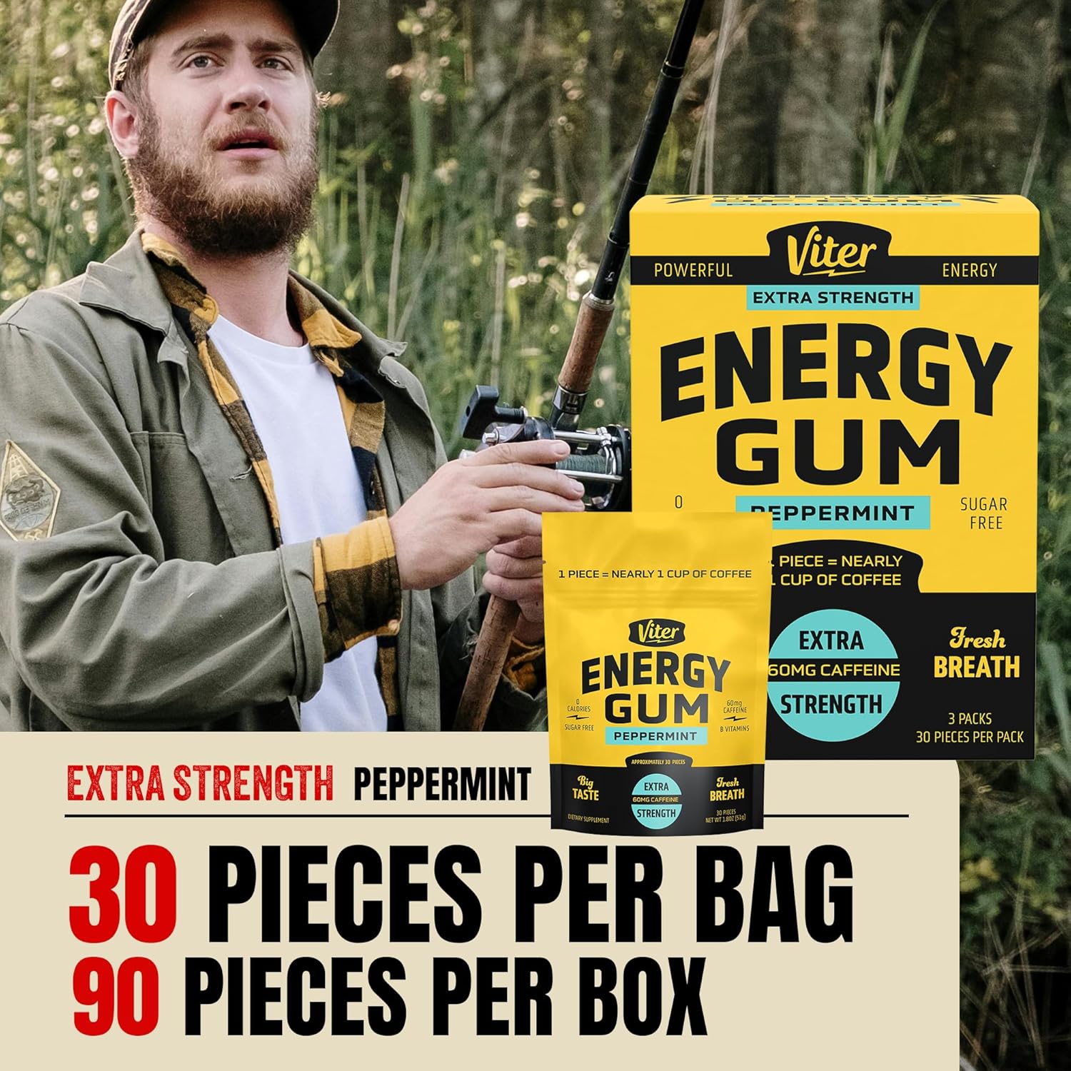 Viter Energy 60mg Caffeine Gum (Peppermint Flavor, 30 Pieces, 3 Pack) - Sugar Free, Vitamin B3, B6, B9, B12, Zero Calories, Caffeinated Energy Chews, Nootropic Focus Supplement for Men & Women