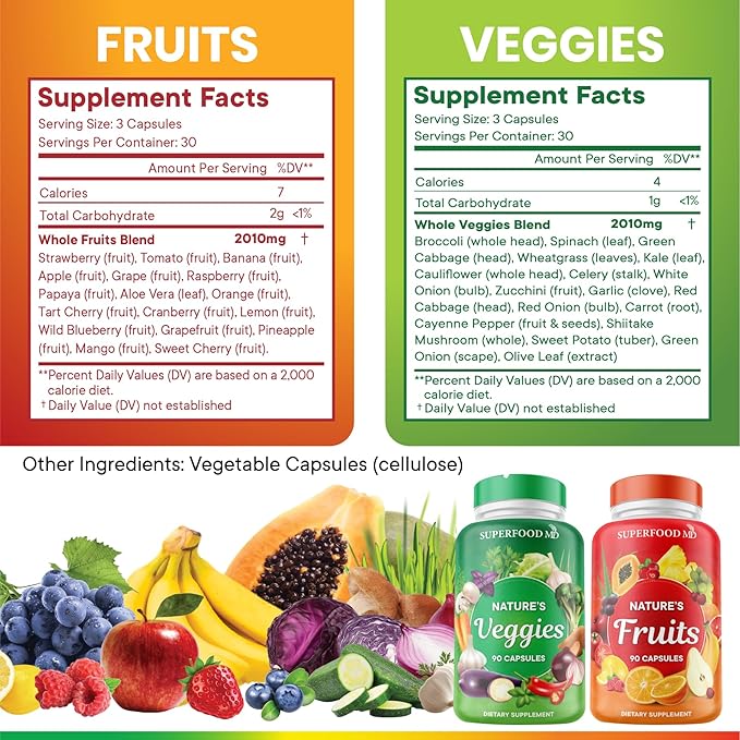 Superfood MD Fruits & Veggies Supplement - Whole Food Natural Superfoods - with Beta Carotene - Soy Free- 90 Count (Pack of 2)