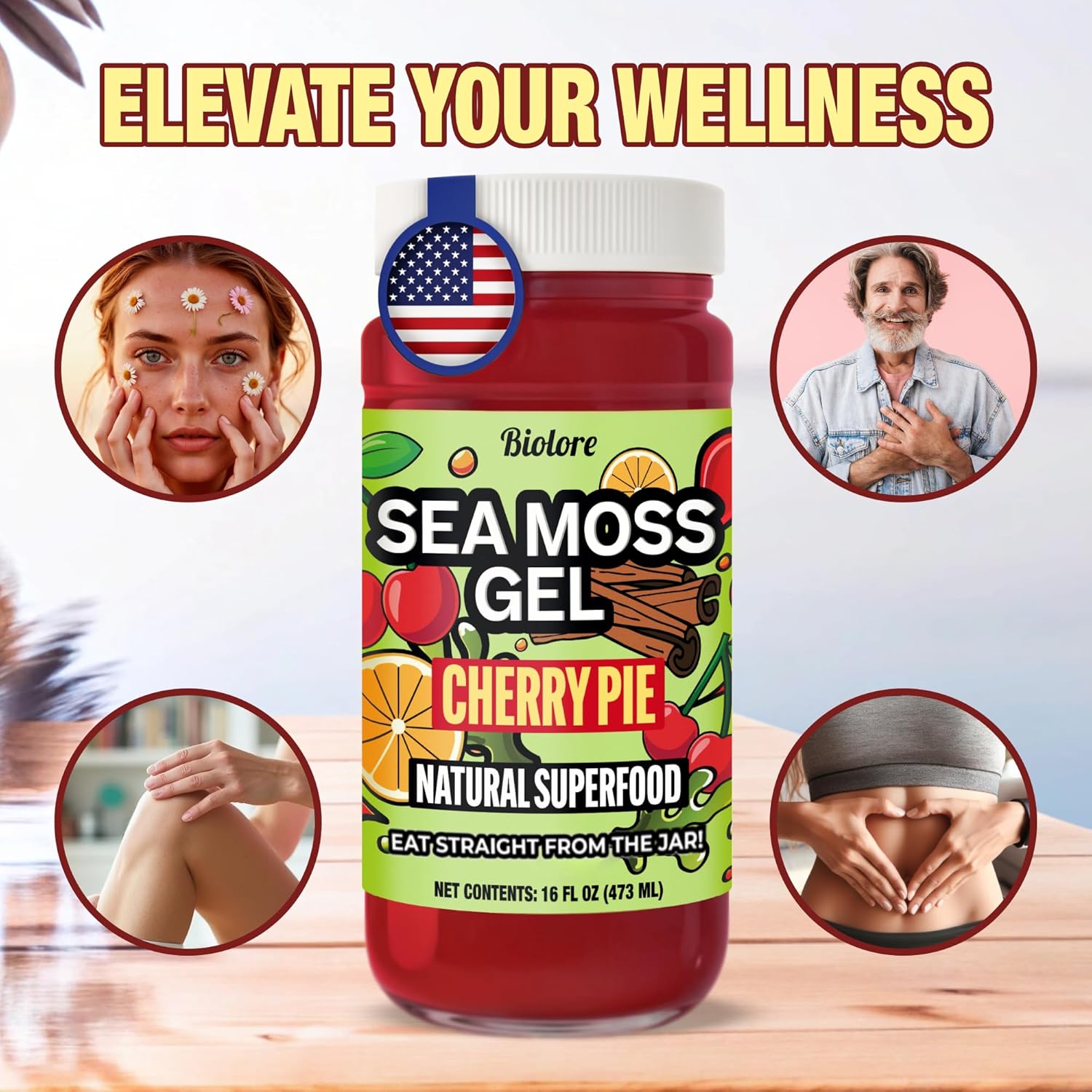 Biolore Cherry Pie Sea Moss Gel 16 oz - No Added Sugar, Vegan, Made in USA - Wildcrafted Sea Moss Superfood with 92 Essential Vitamins - Ready to Use, No Prep Needed