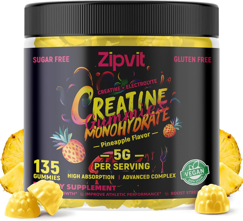 Zipvit Creatine Monohydrate Gummies (5g) – Pre-Workout Energy & Muscle Growth Support for Men & Women | Pineapple Electrolyte Gummies (135 Count)