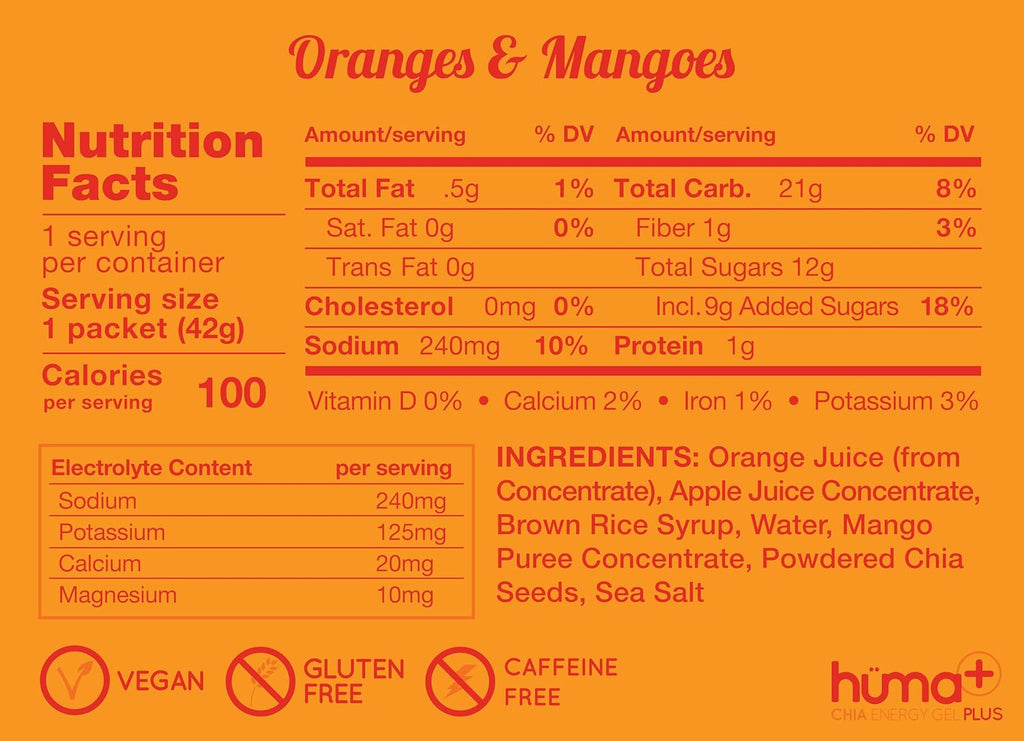 Huma Plus (Double Electrolytes) - Chia Energy Gel, Orange Mango, 12 Gels - Stomach Friendly, Real Food Energy Gels