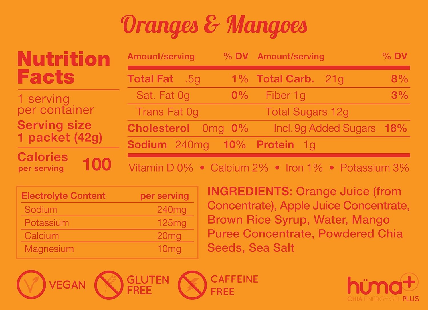 Huma Plus (Double Electrolytes) - Chia Energy Gel, Orange Mango, 12 Gels - Stomach Friendly, Real Food Energy Gels