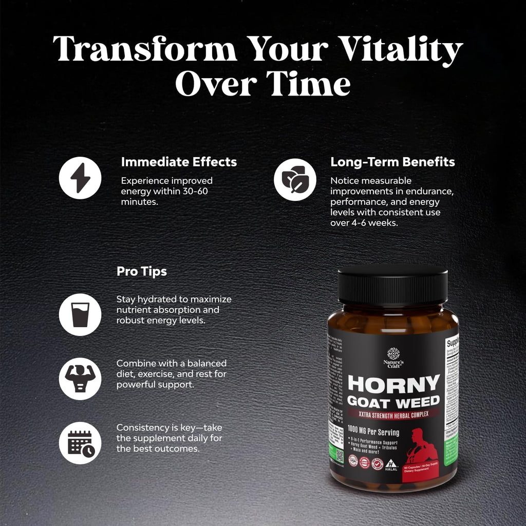 Horny Goat Weed for Men - Extra Strength Male Supplement with Black Maca Root, Tongkat Ali, Saw Palmetto & Panax Ginseng Extract for Stamina & Energy - 60 Capsules