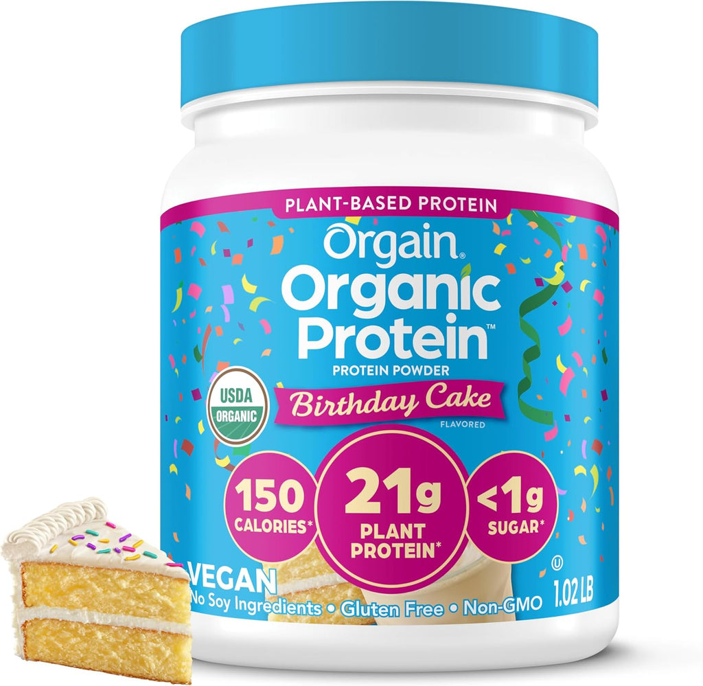 Orgain Organic Vegan Protein Powder, Birthday Cake - 21g Plant Based Protein, 7g Prebiotic Fiber, Low Net Carb, No Lactose Ingredients, No Added Sugar, Non-GMO, for Shakes & Smoothies, 1.02 lb