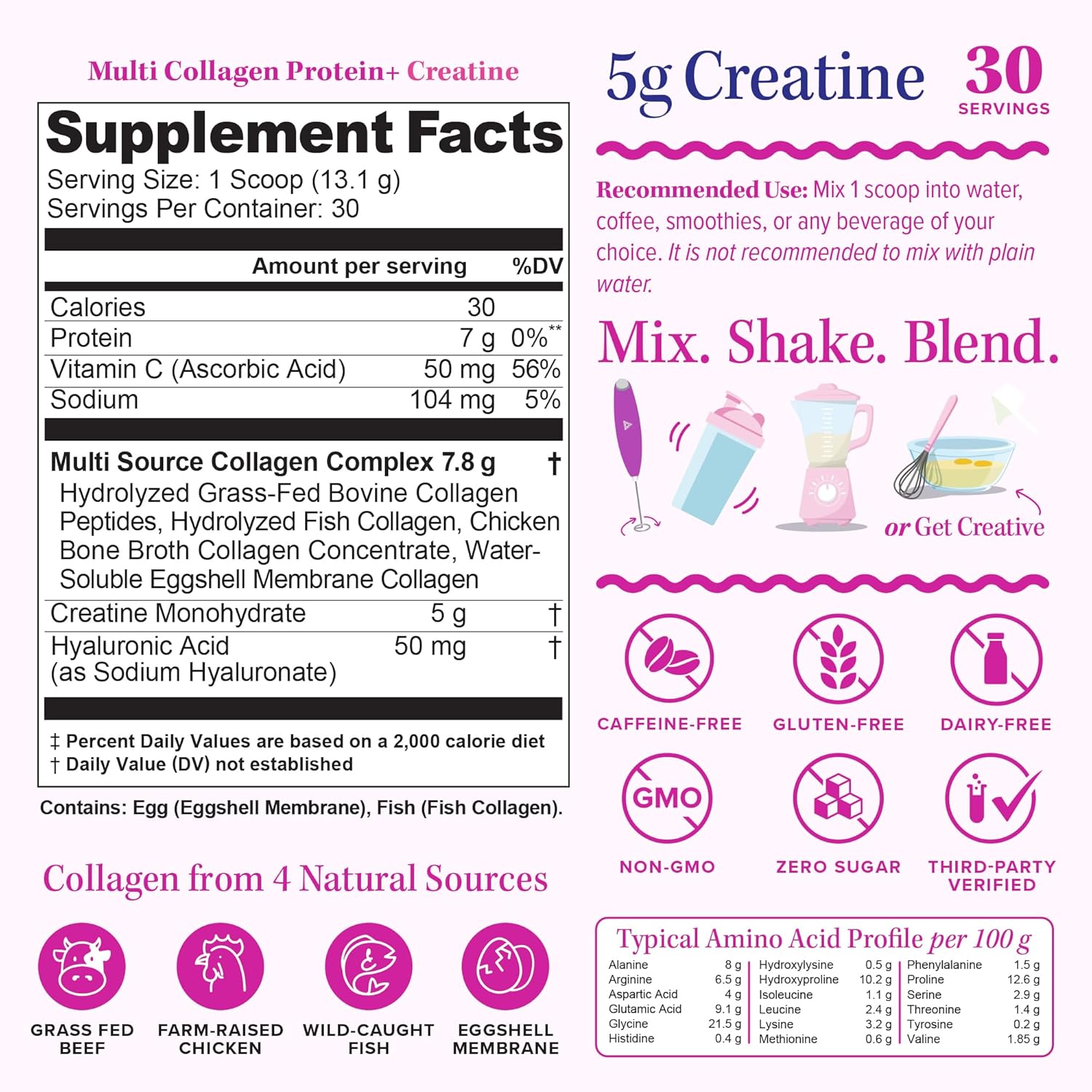 Multi Collagen Protein + Creatine | 5g Creatine Monohydrate with Collagen Types I, II, III, V & X | Hair, Skin, Nail, Muscle & Performance Support | Vitamin C & Hyaluronic Acid, 30 Servings Unflavored