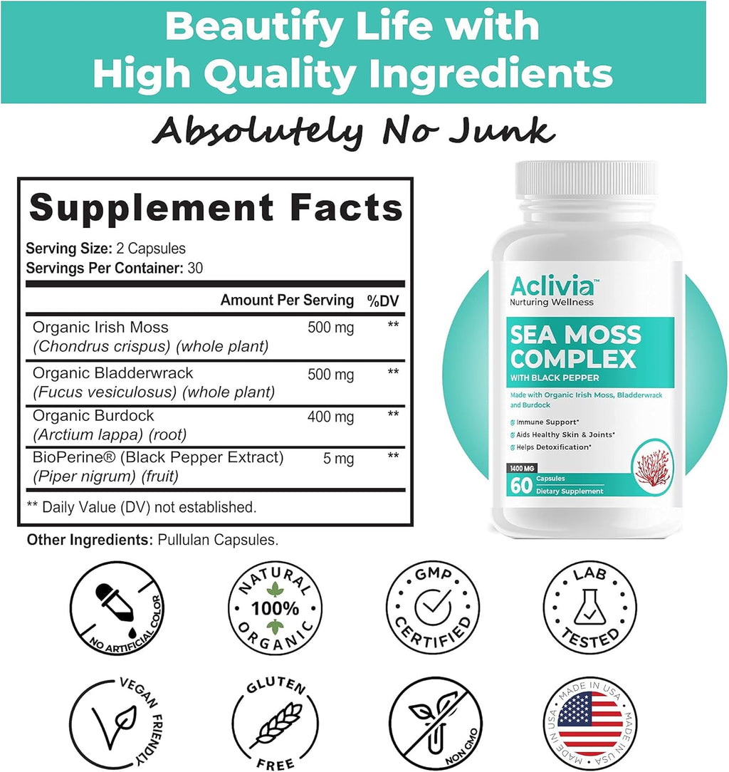 Organic Irish Sea Moss Capsules with Bladderwrack & Burdock Root - 102 Minerals Sea Moss Supplement - Thyroid Support, Immune Boost - Non-GMO (60 Count)