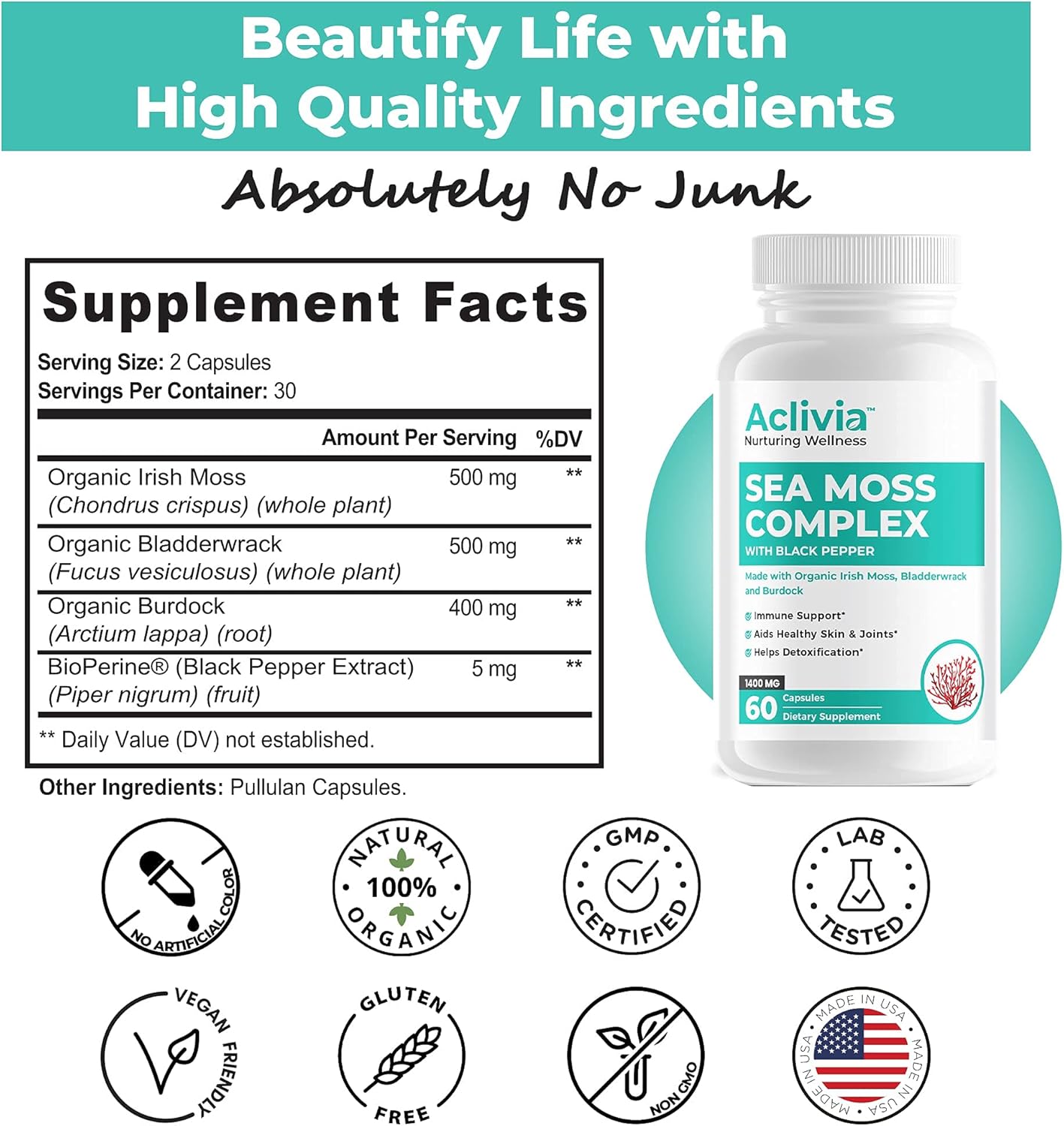 Organic Irish Sea Moss Capsules with Bladderwrack & Burdock Root - 102 Minerals Sea Moss Supplement - Thyroid Support, Immune Boost - Non-GMO (60 Count)