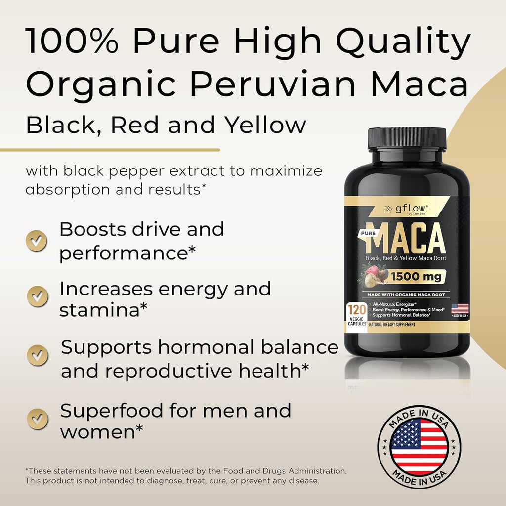 Organic Maca Root Capsules 1500mg - Made with Black, Red, Yellow Peruvian Maca Root Extract & Black Pepper - 120 Vegan Pills - Supports Energy, Performance & Mood for Men & Women