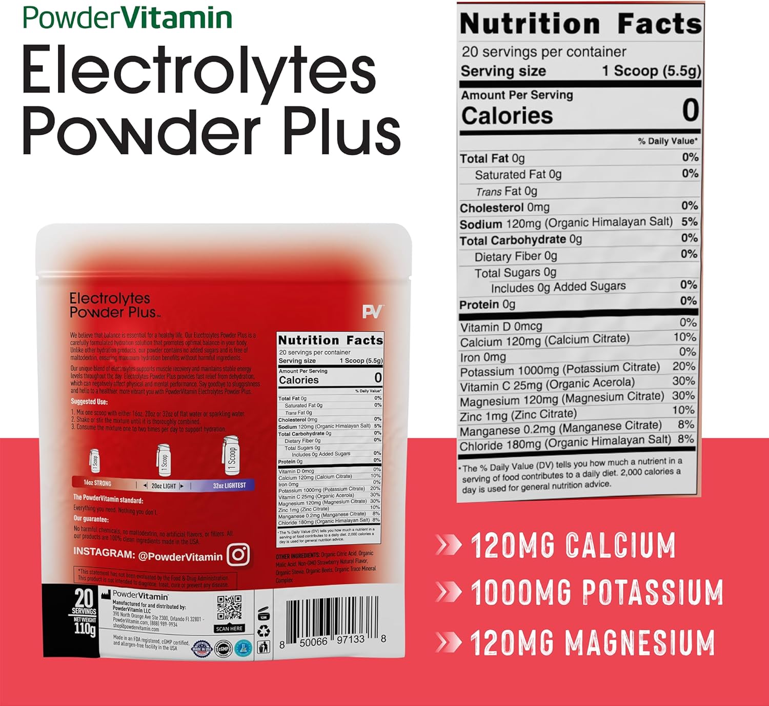 PowderVitamin Electrolytes Powder Plus (100 Servings) Strawberry Electrolyte Powder Zero Calorie Keto,0 Sugar, No Maltodextrin,1000mg Potassium,120mg Calcium,120mg Magnesium, Hydration Powder