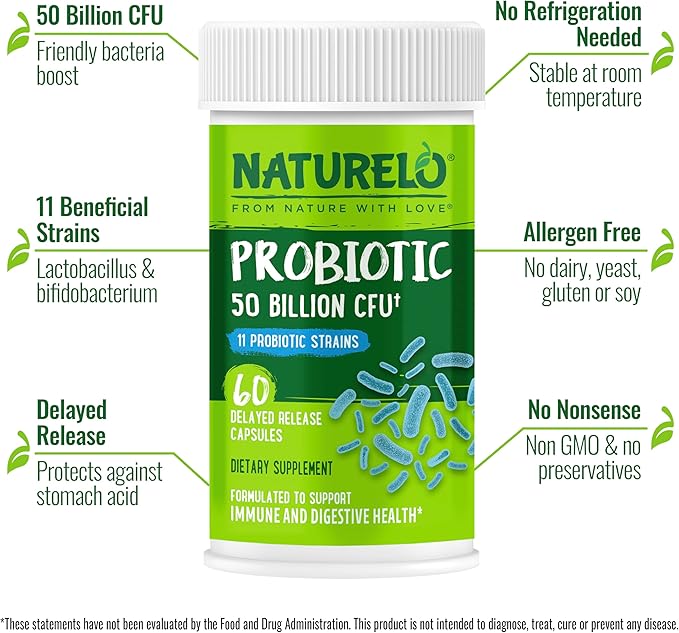 NATURELO Probiotics for Digestive Health, 50 Billion CFU, 60 Vegetarian Capsules, 11 Strains, Daily Use Supplement, Delayed Release, No-Fridge, Boosts Immune System, Probiotics for Women & Men